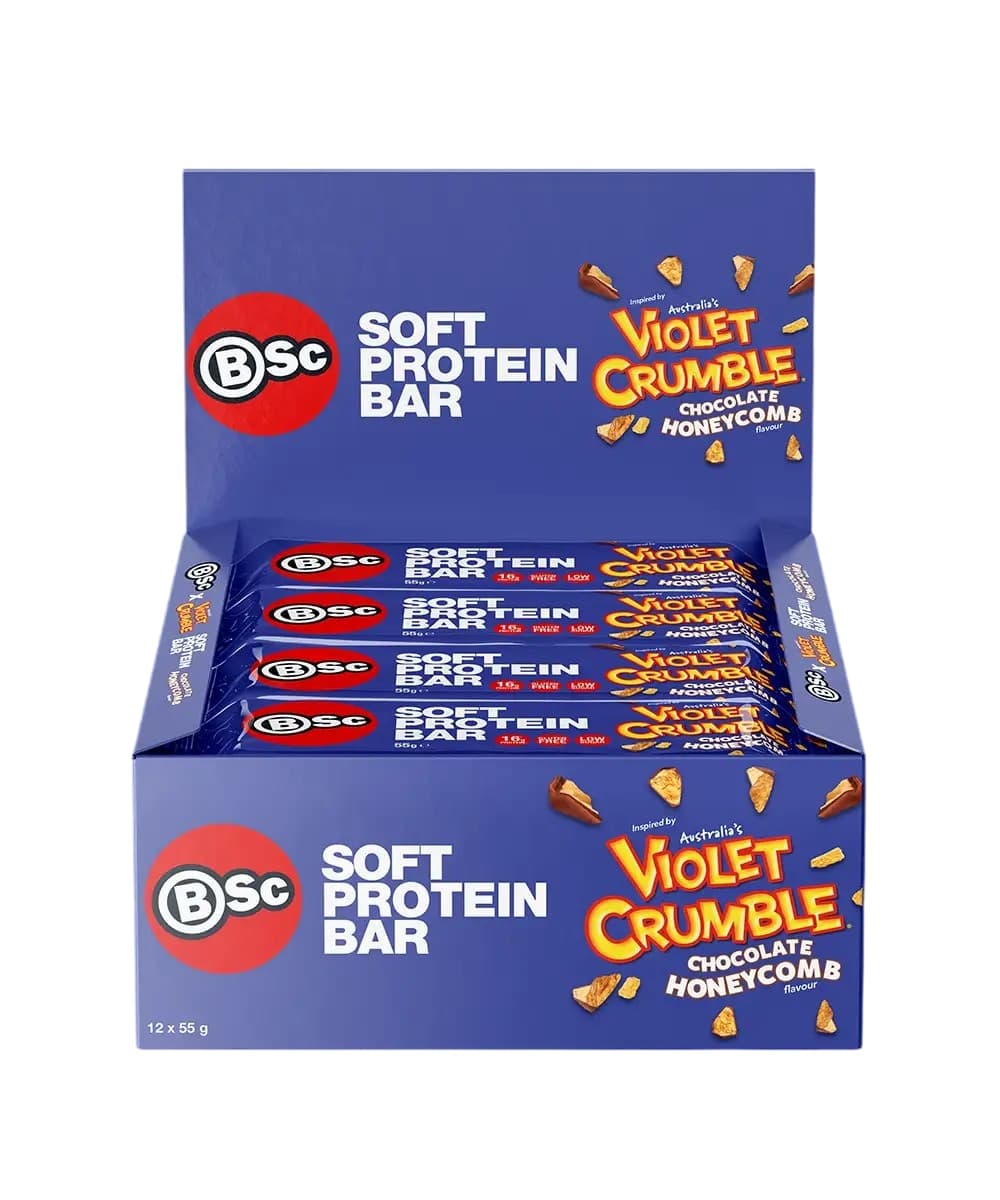 BSc x Violet Crumble Soft Protein Bars Choc Honeycomb Box 12 x 55g