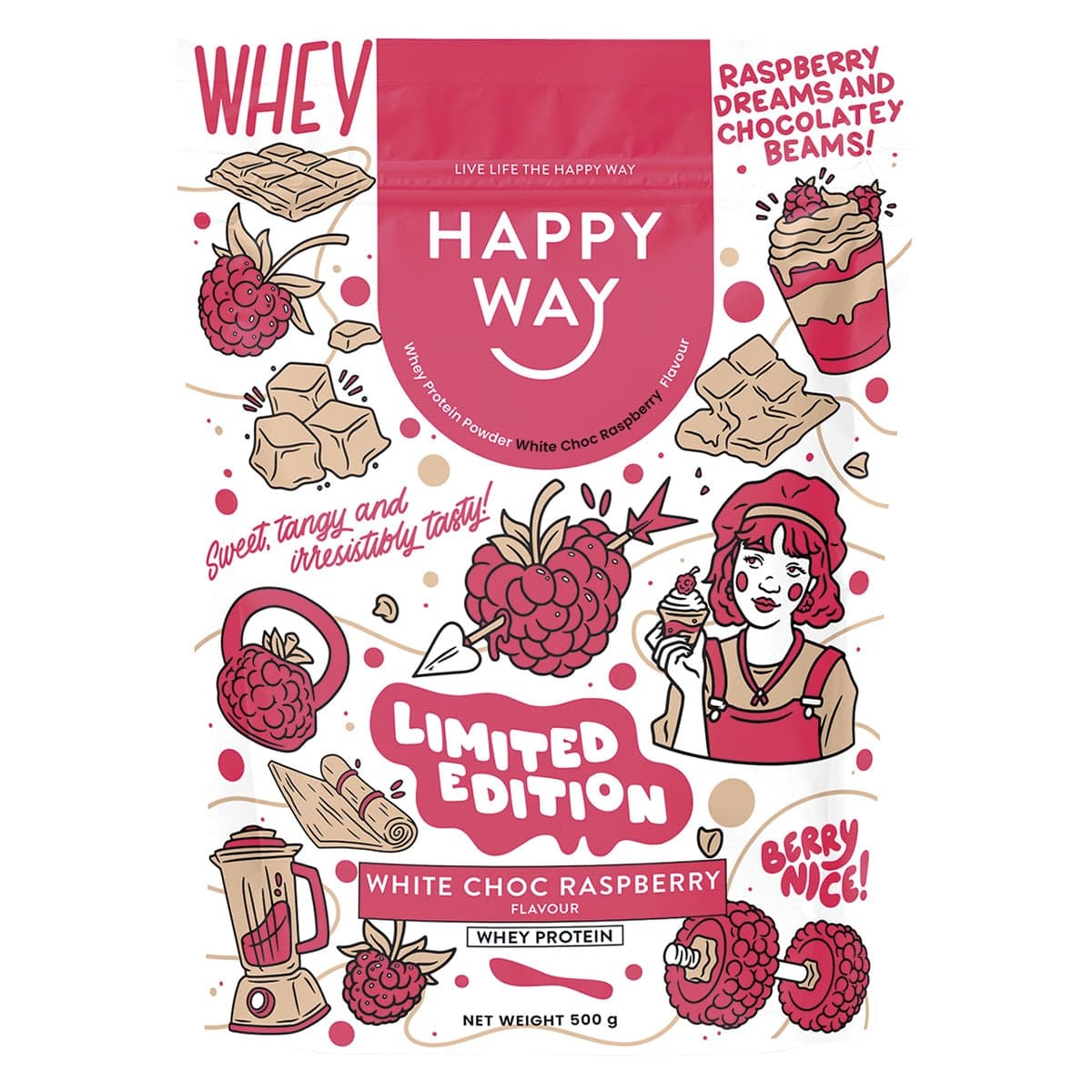Happy Way Whey Protein Powder White Choc Raspberry 500g