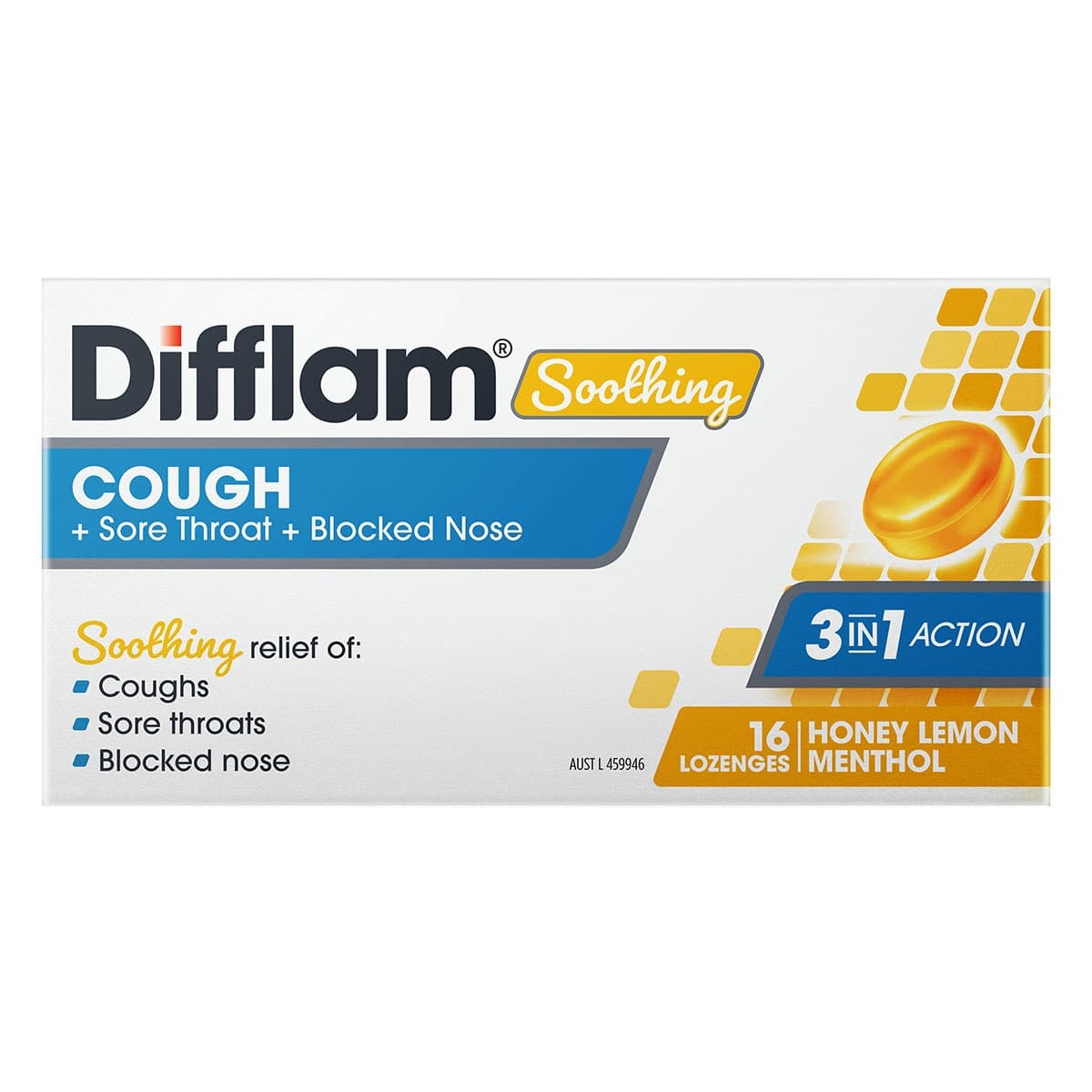 Difflam Soothing Cough + Sore Throat + Blocked Nose Lozenges Honey Lemon 16 Pack