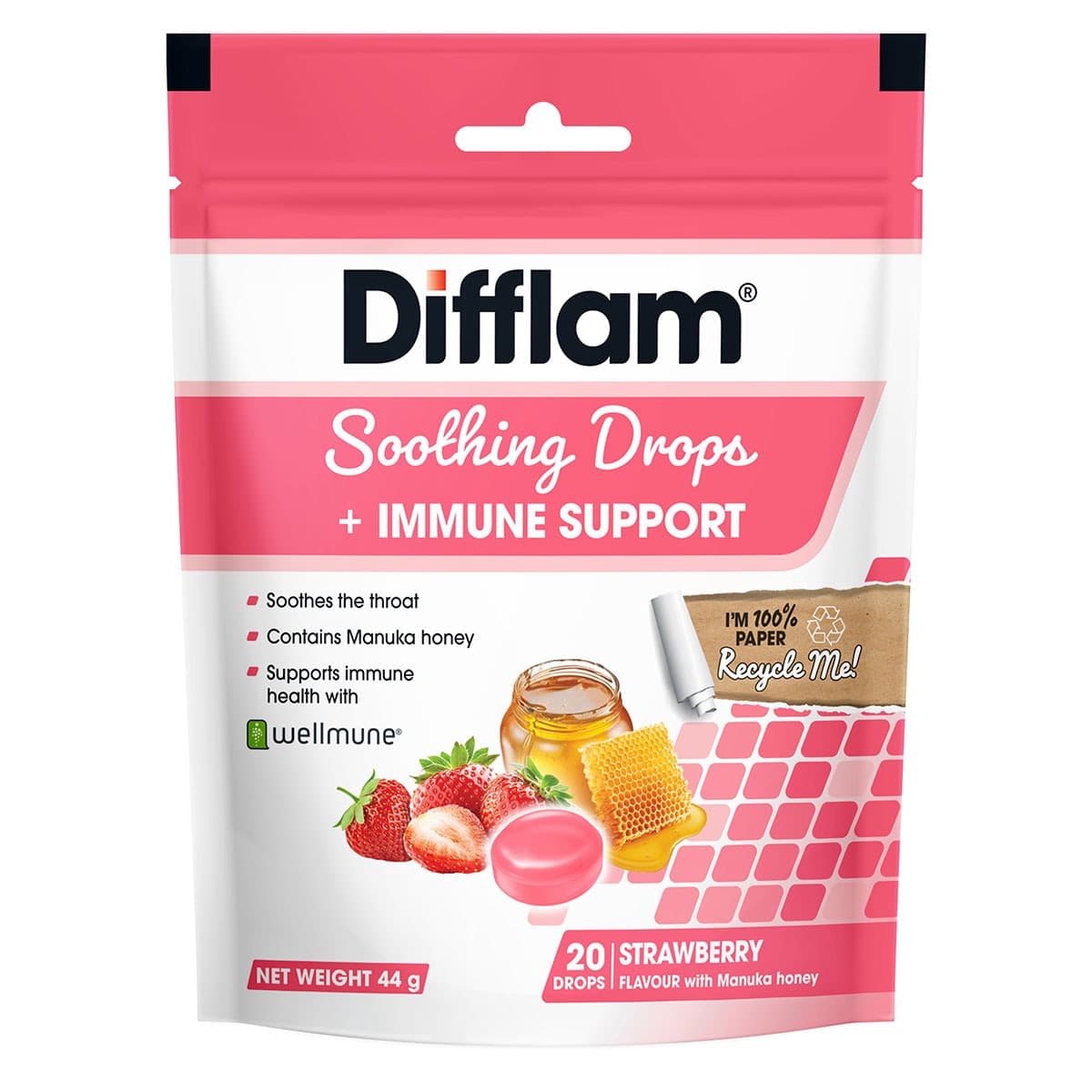 Difflam Soothing Drops + Immune Support Strawberry 20 Pack