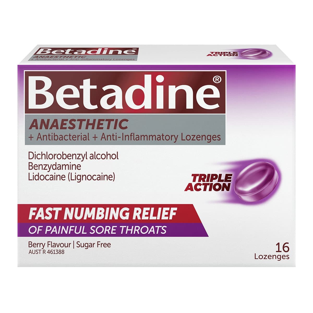 Betadine Anaesthetic Triple Action Sore Throat Lozenges Berry 16 Pack