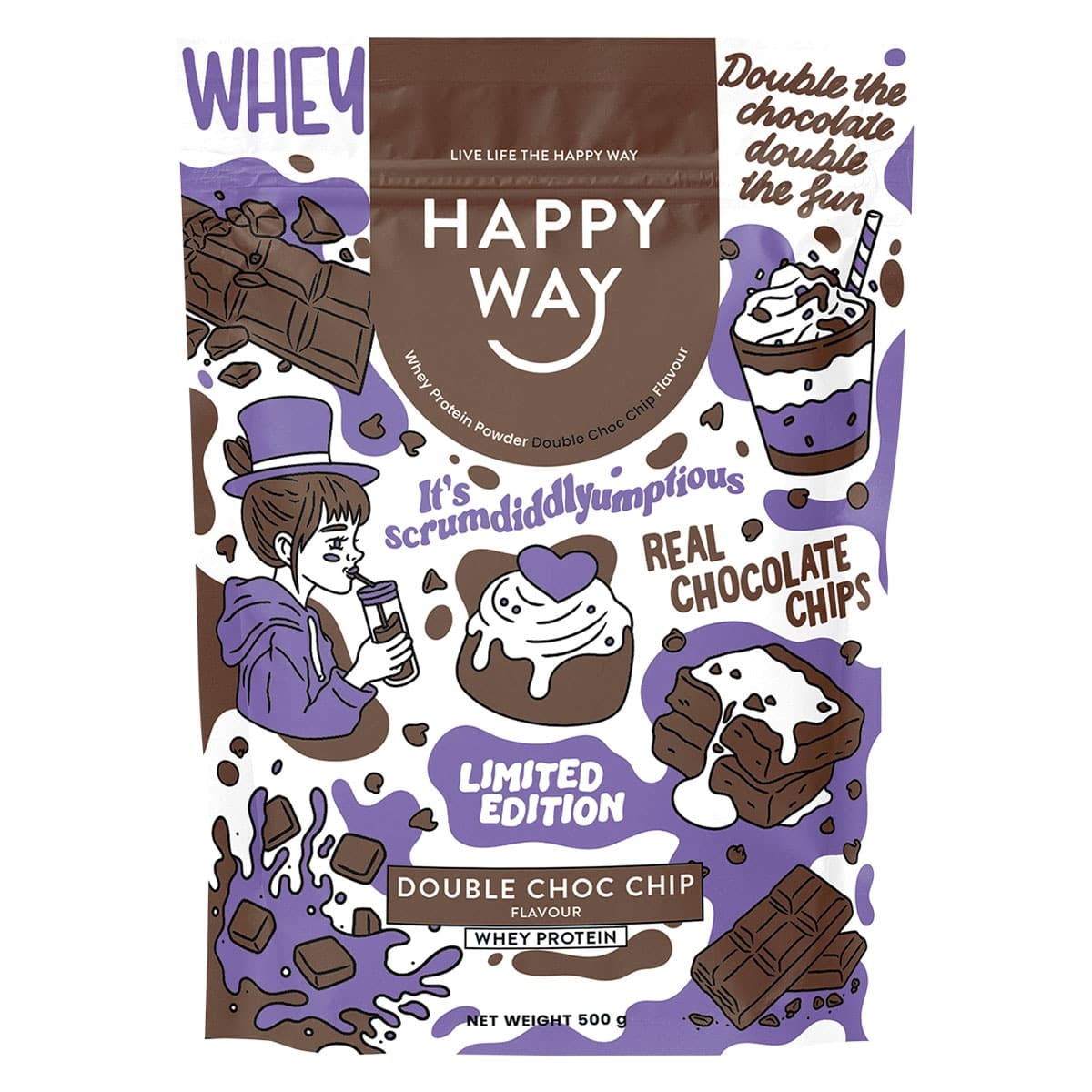 Happy Way Whey Protein Powder Double Choc Chip 500g