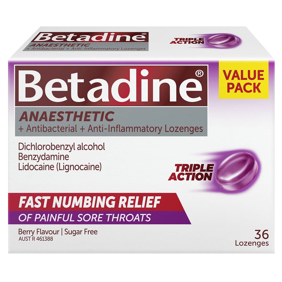 Betadine Anaesthetic Triple Action Sore Throat Lozenges Berry 36 Pack