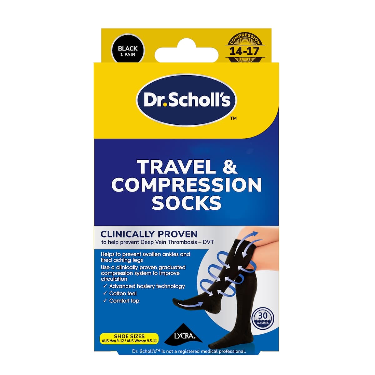Scholl Travel & Compression Socks Black Unisex M9-M12/W9.5-W11 - 1 Pair