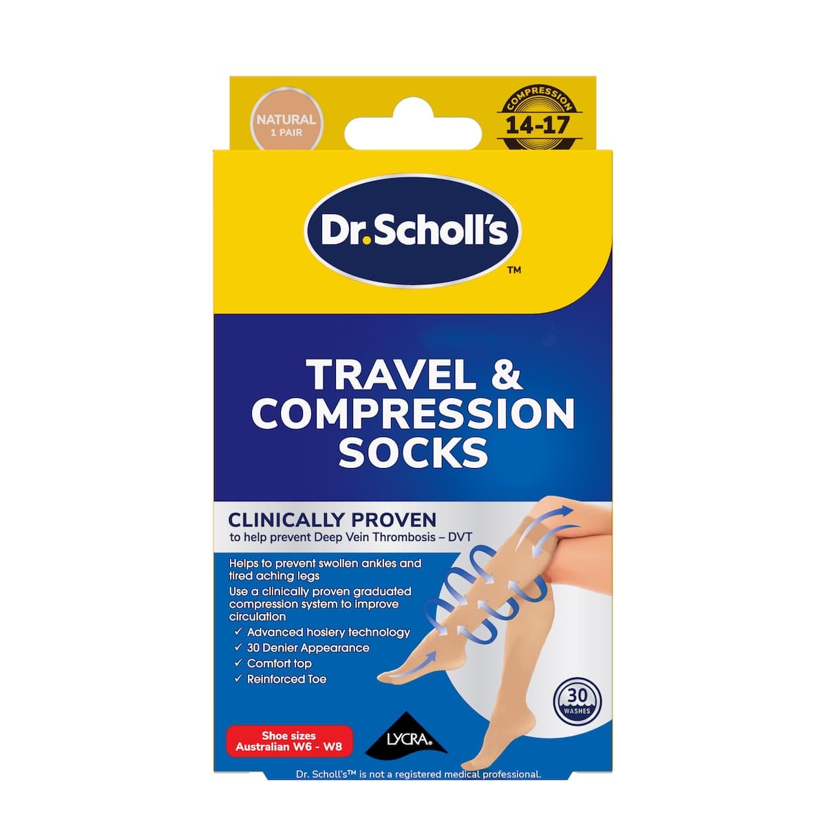 Scholl Travel & Compression Socks Natural Size AU W6-W8 -1 Pair