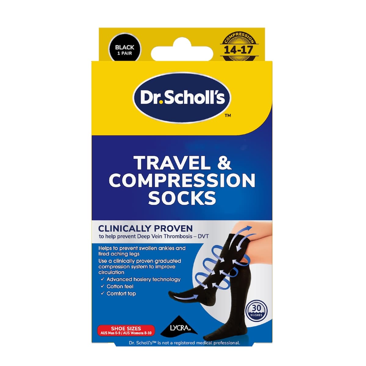 Scholl Travel & Compression Socks Black Unisex M6-M9/W8-W10 - 1 Pair