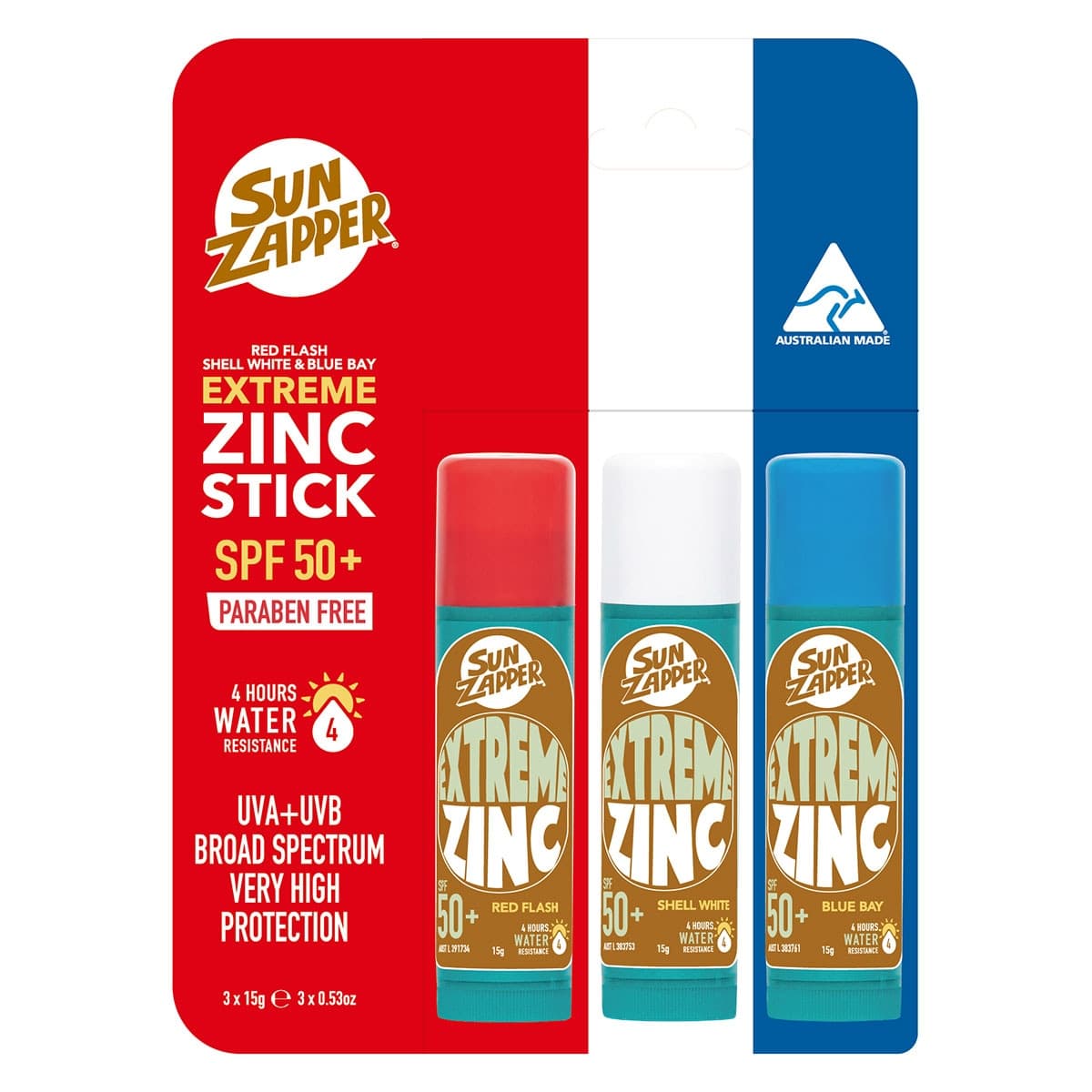Sun Zapper Extreme Zinc Stick Red White & Blue SPF50+ 3 Pack - 45g