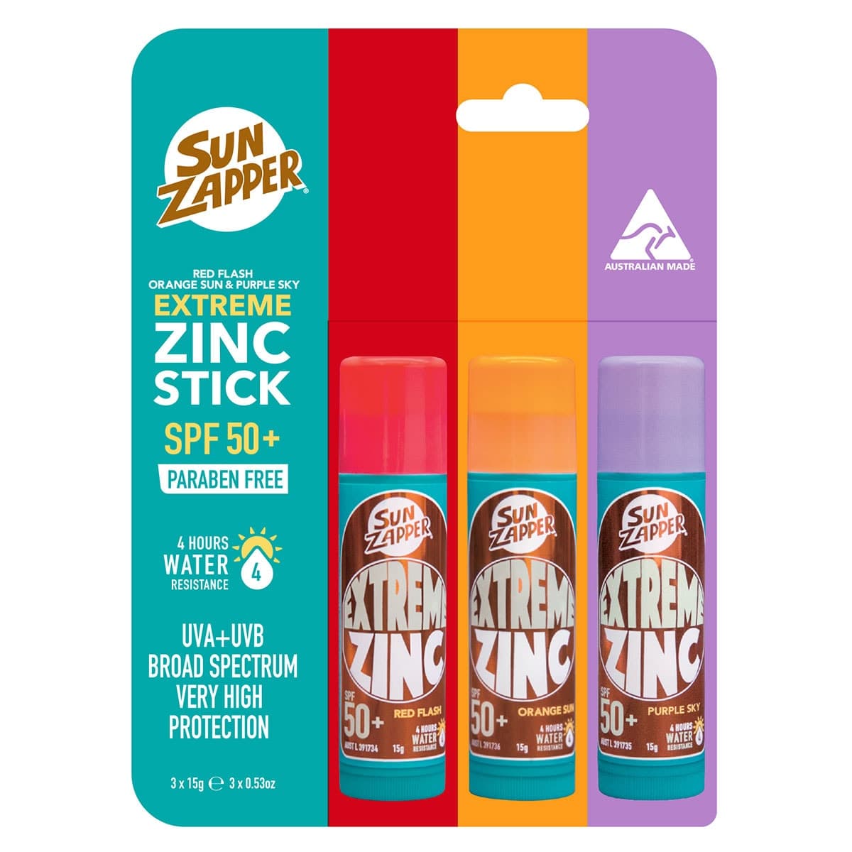 Sun Zapper Extreme Zinc Stick Red Orange & Purple SPF50+ 3 Pack - 45g