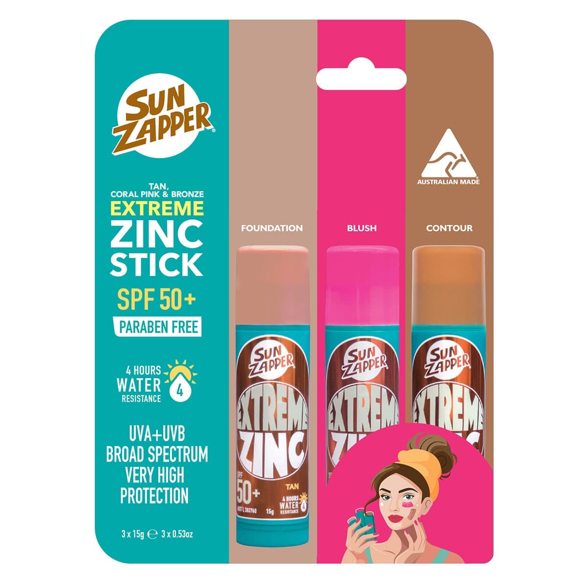 Sun Zapper Extreme Zinc Stick Tan Pink & Bronze SPF50+ 3 Pack - 45g
