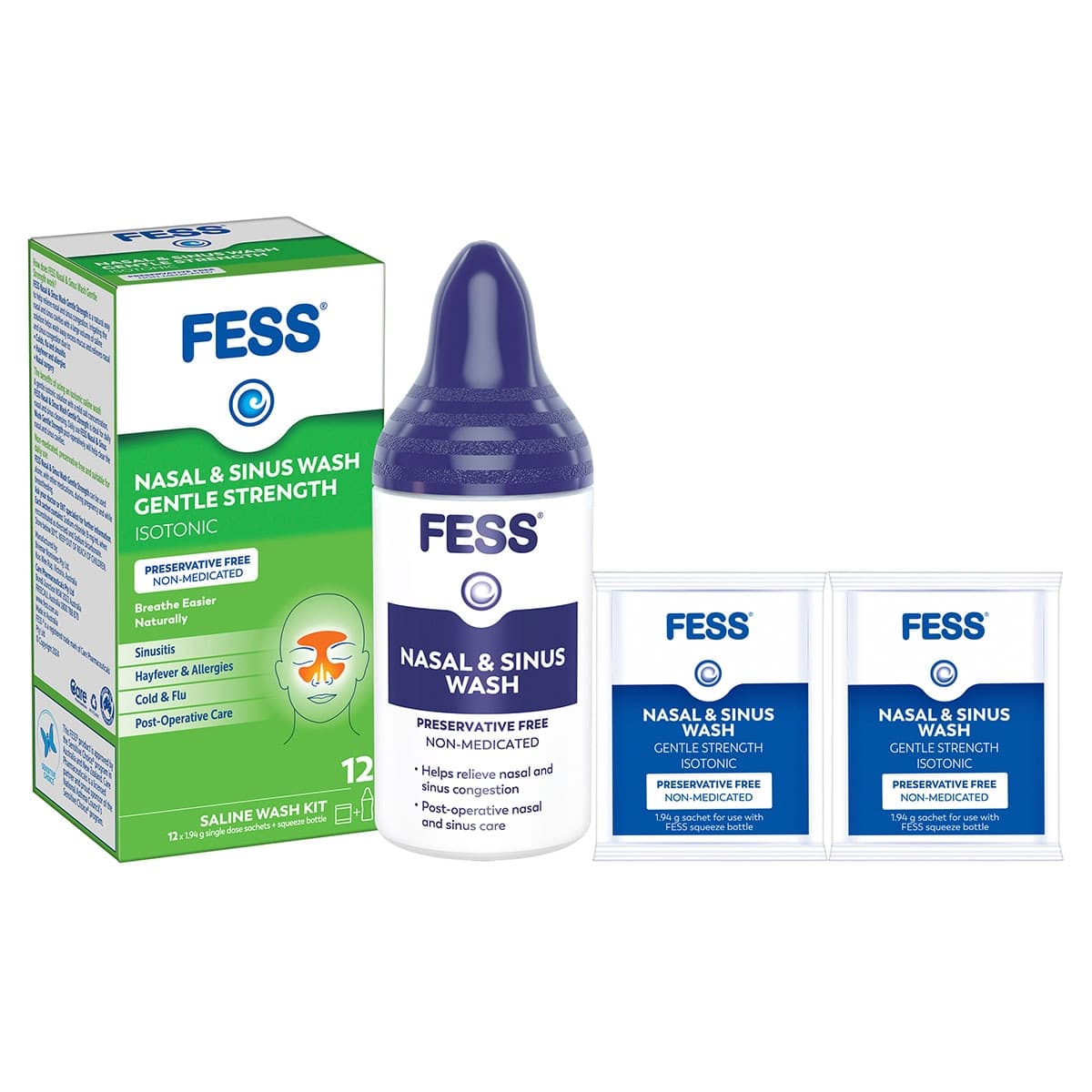 Fess Nasal & Sinus Wash Kit Gentle Strength 12 Sachets
