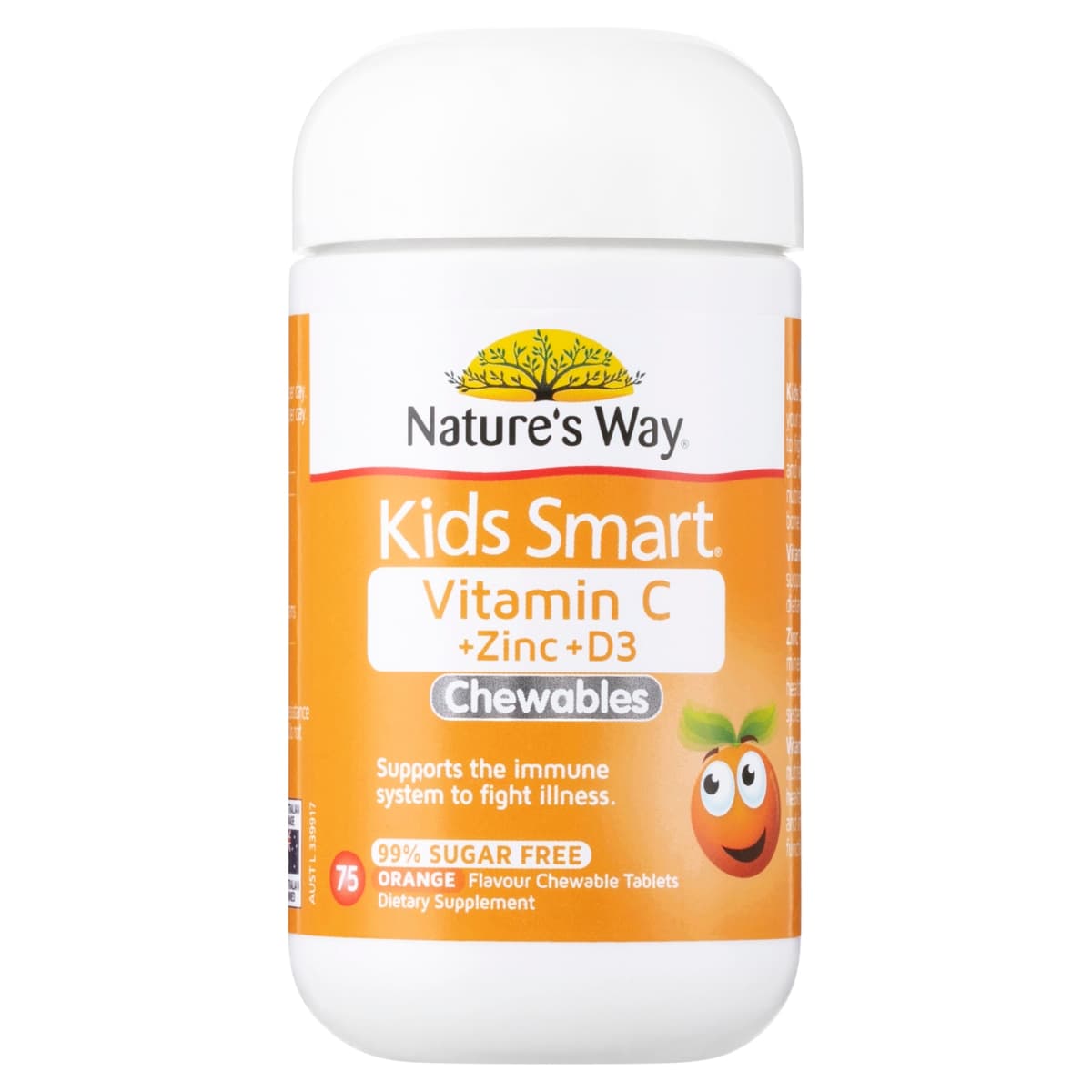 Nature's Way Kids Smart Vitamin C + Zinc + D3 99.9% Sugar Free 75 Chewable Tablets