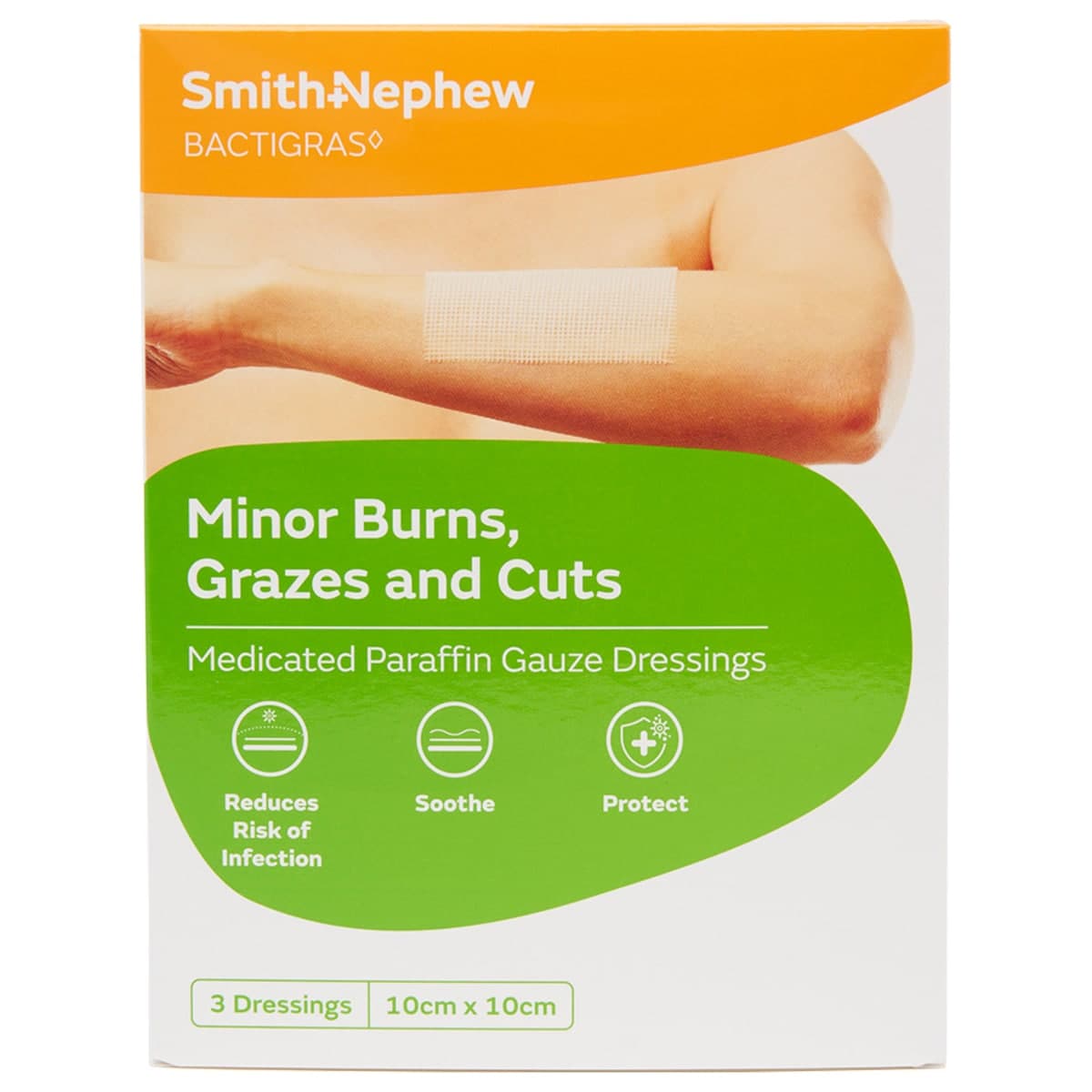 Bactigras Medicated Paraffin Gauze Dressings 10cm x 10cm 3 Pack by Smith & Nephew