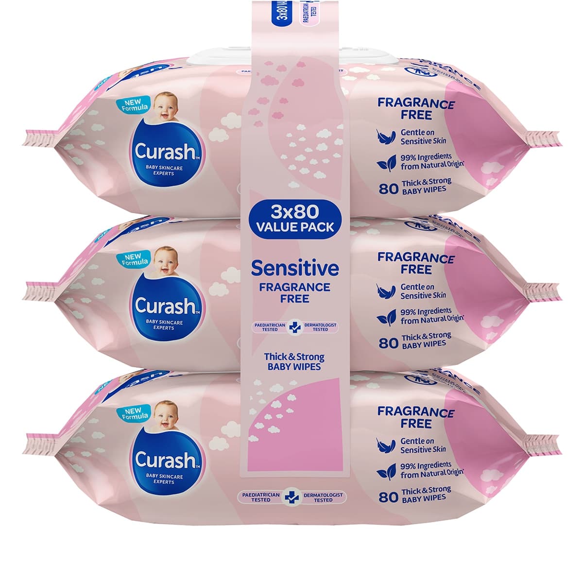 Curash Baby Wipes Fragrance Free 3 x 80 Pack