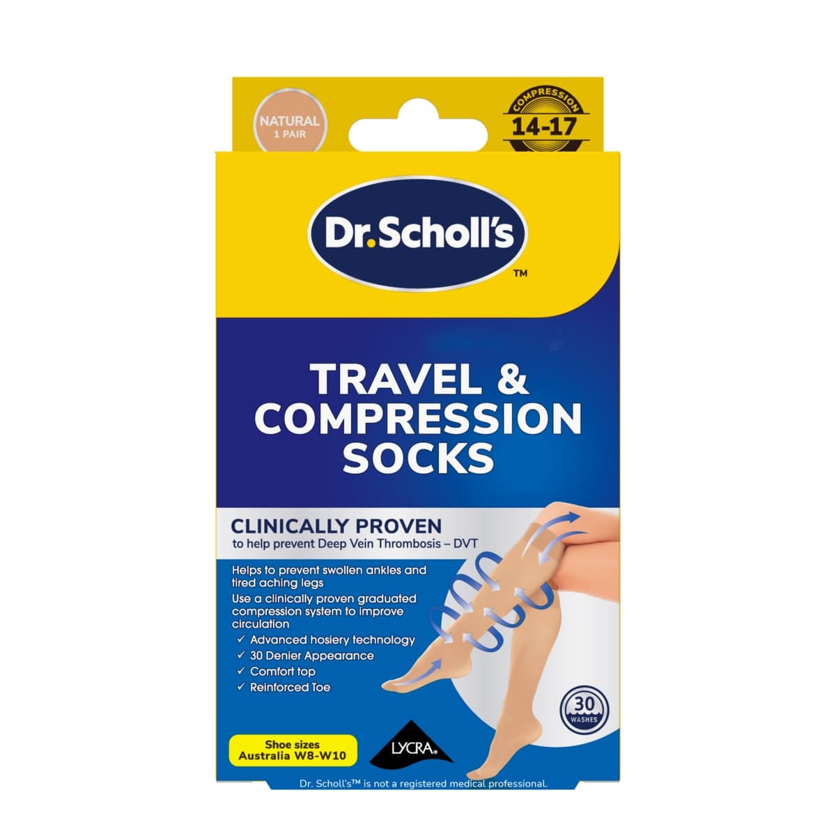 Scholl Travel & Compression Socks Natural Size AU W8-W10 -1 Pair