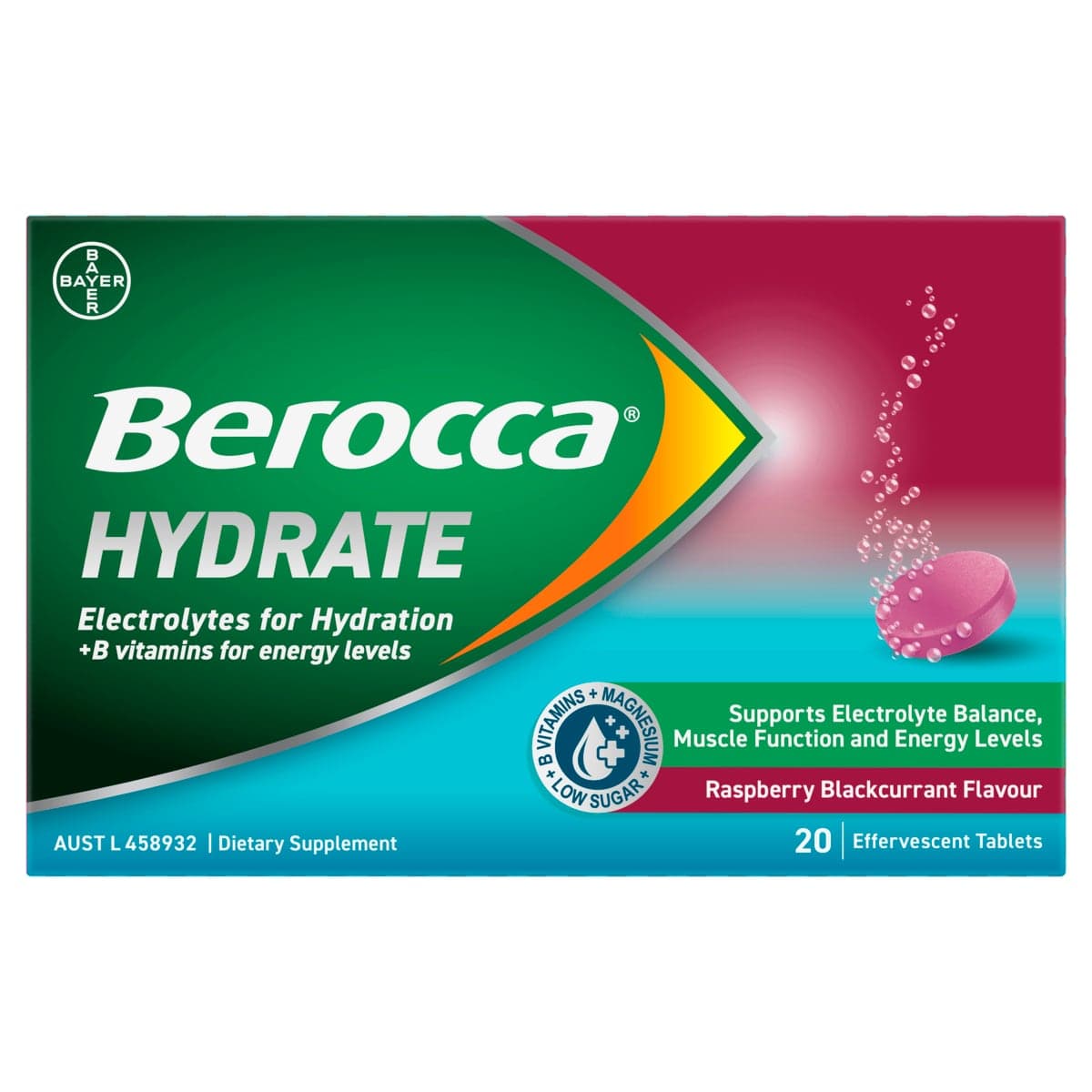 Berocca Hydrate Electrolyte Effervescent Tablets Raspberry Blackcurrant 20 Pack