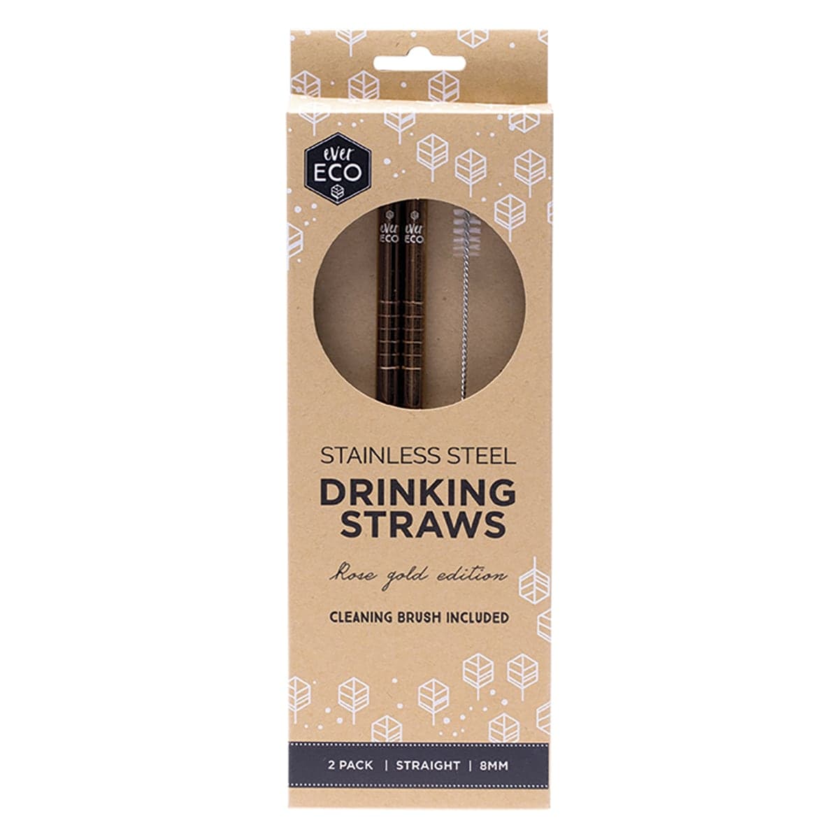 Ever Eco Stainless Steel Straws with Cleaning Brush Rose Gold Straight 2 Pack