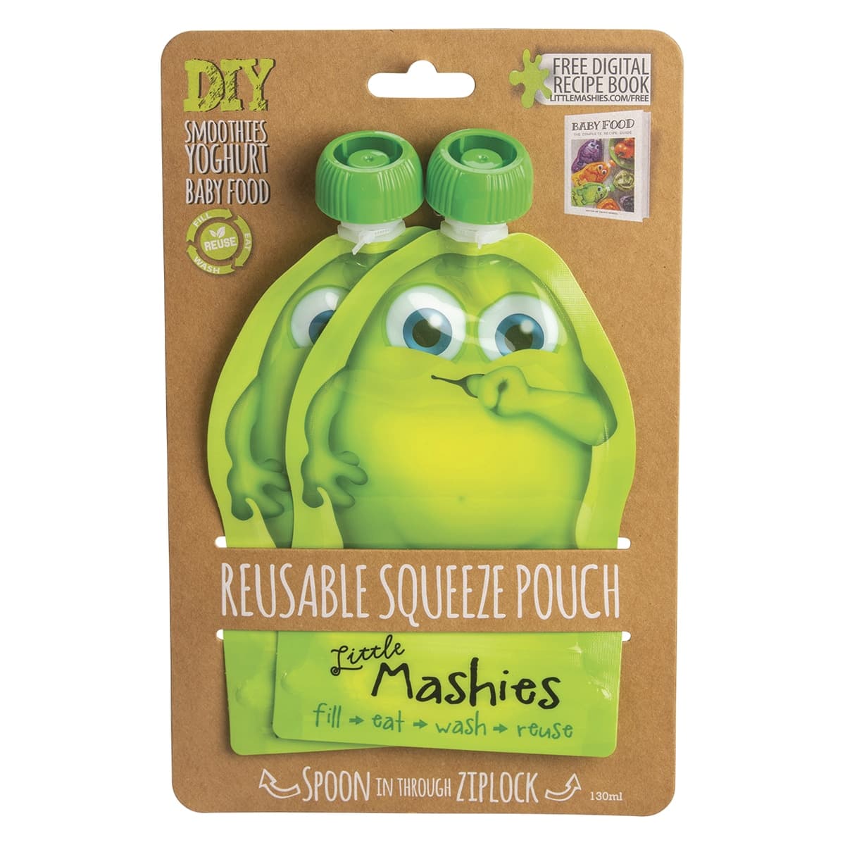 Little Mashies Reusable Squeeze Food Pouch Green 2 x 130ml