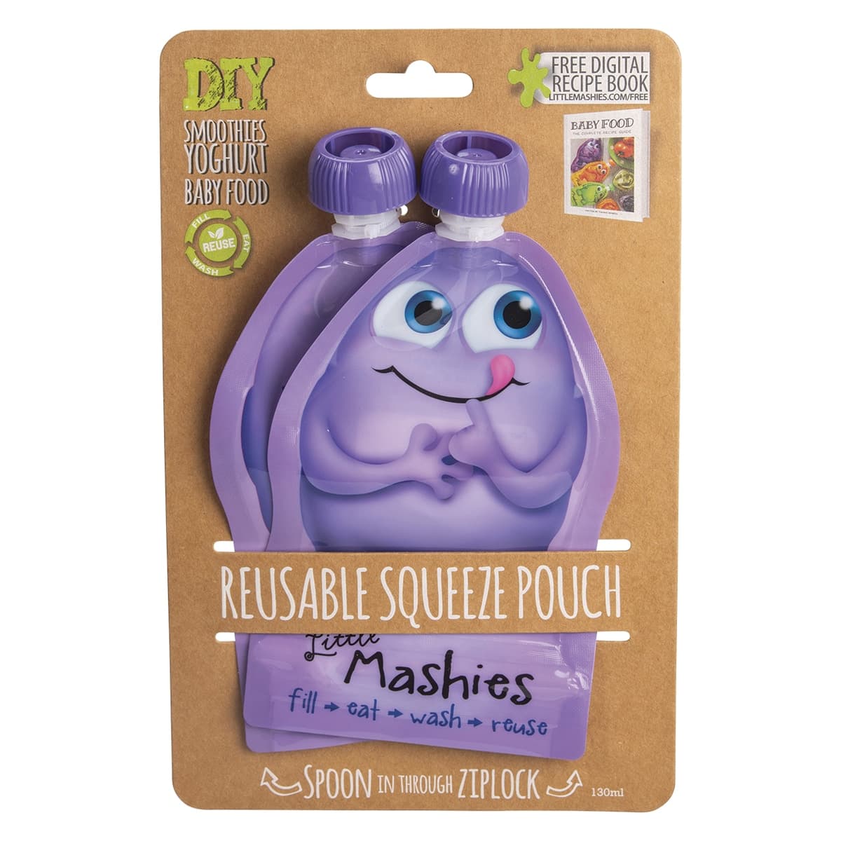 Little Mashies Reusable Squeeze Food Pouch Purple 2 x 130ml