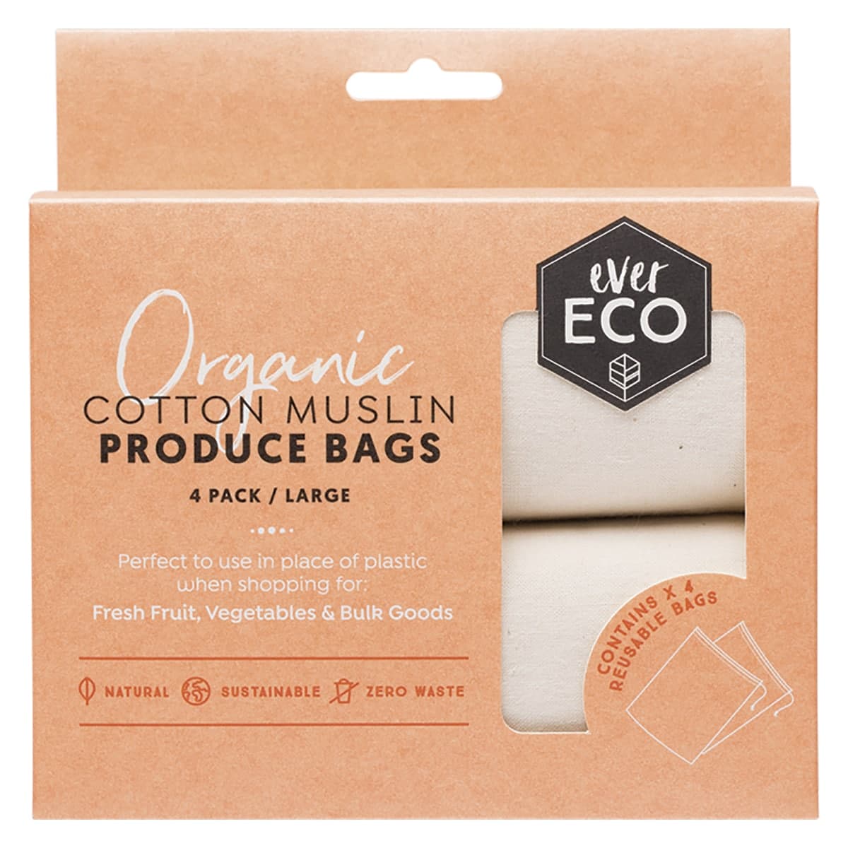 Ever Eco Reusable Produce Bags Organic Cotton Muslin 4 Pack