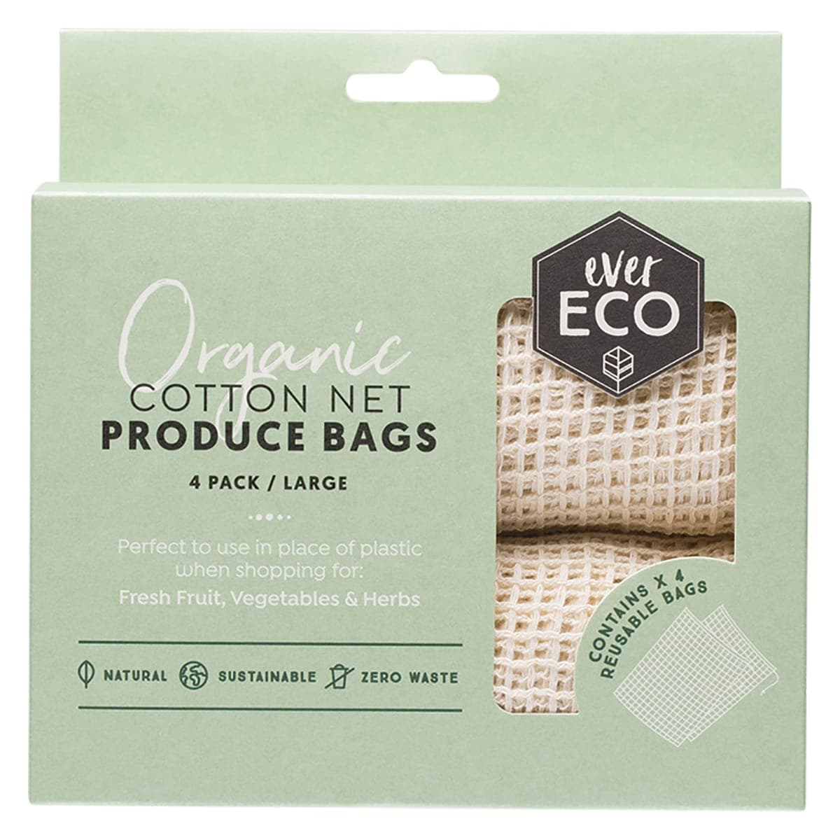 Ever Eco Reusable Produce Bags Organic Cotton Net 4 Pack