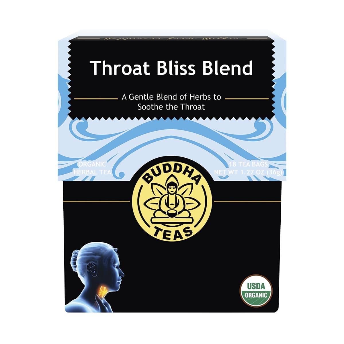 Buddha Teas Organic Herbal Tea Bags Throat Bliss Blend 18 Pack