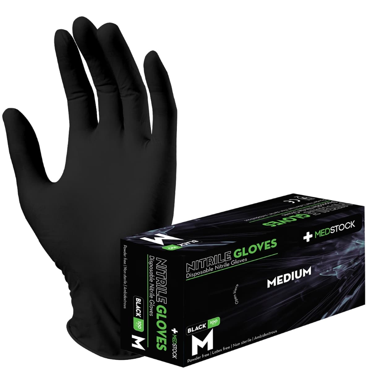 Medstock Black Disposable Nitrile Gloves Medium 100 Pack|Box
