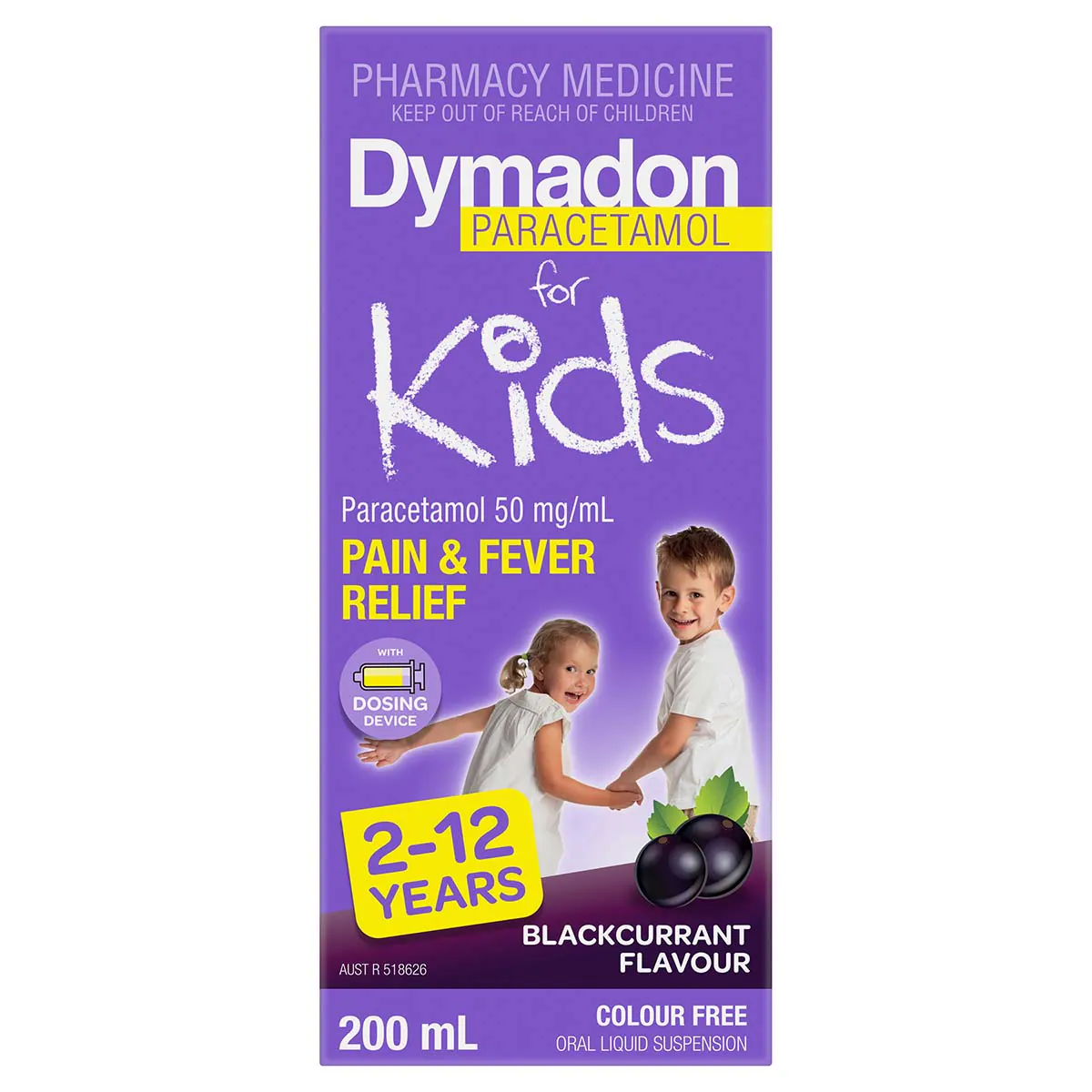 Dymadon for Kids 2-12 Years Pain & Fever Relief Blackcurrant 200ml