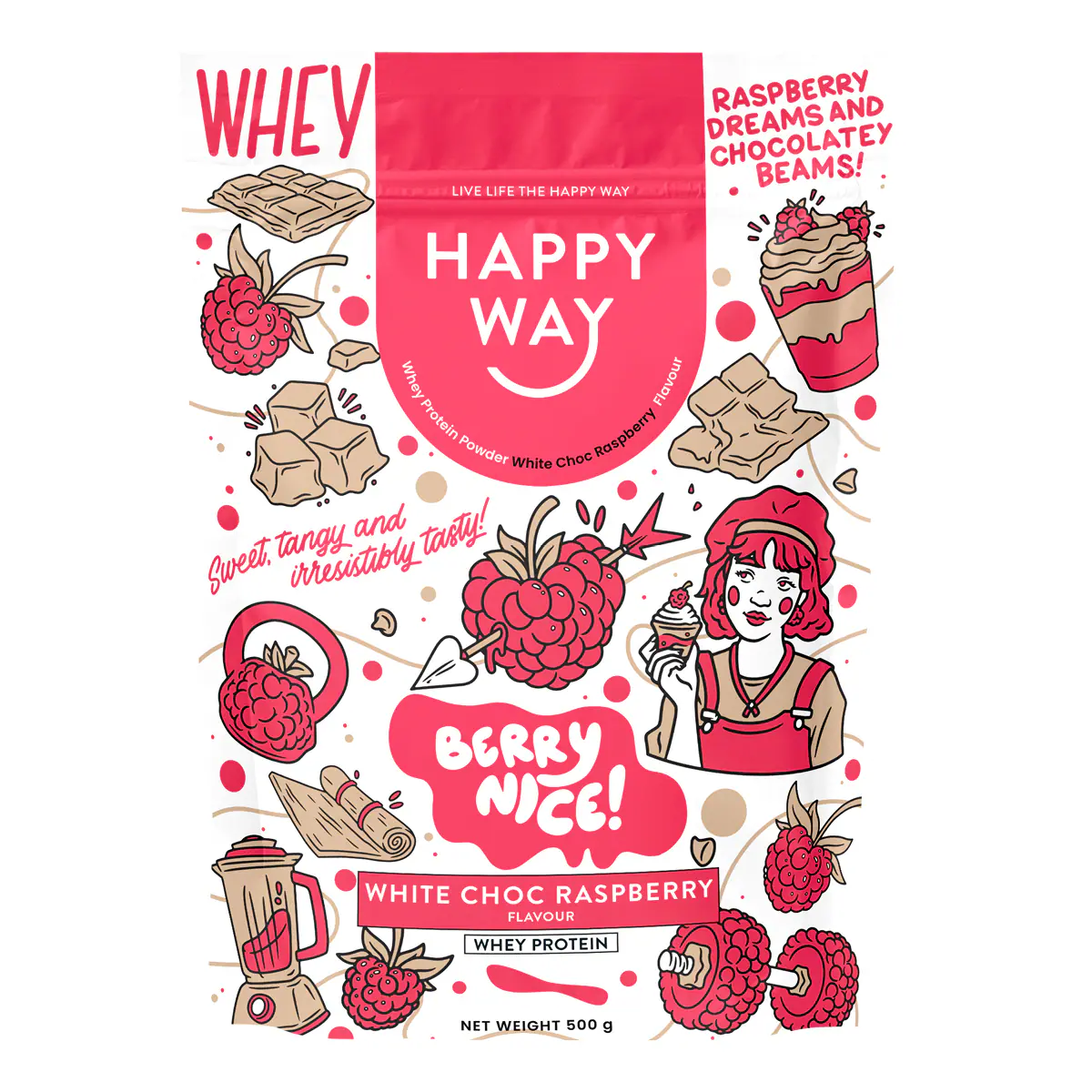Happy Way Whey Protein Powder White Choc Raspberry 500g