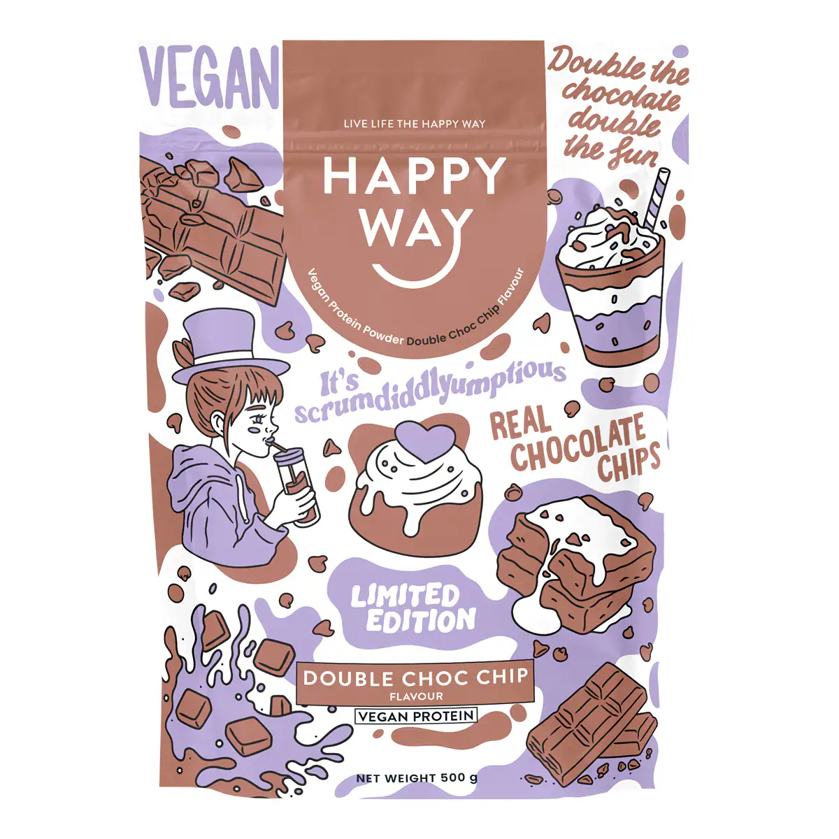Happy Way Vegan Protein Powder Double Choc Chip 500g