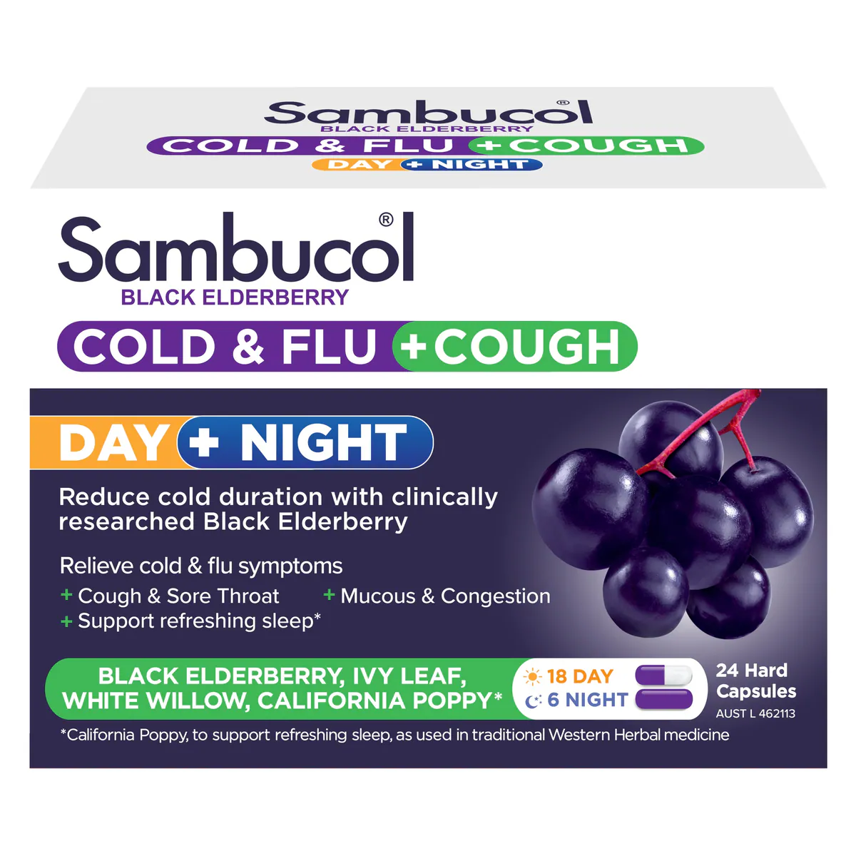 Sambucol Cold & Flu + Cough Day + Night 24 Capsules