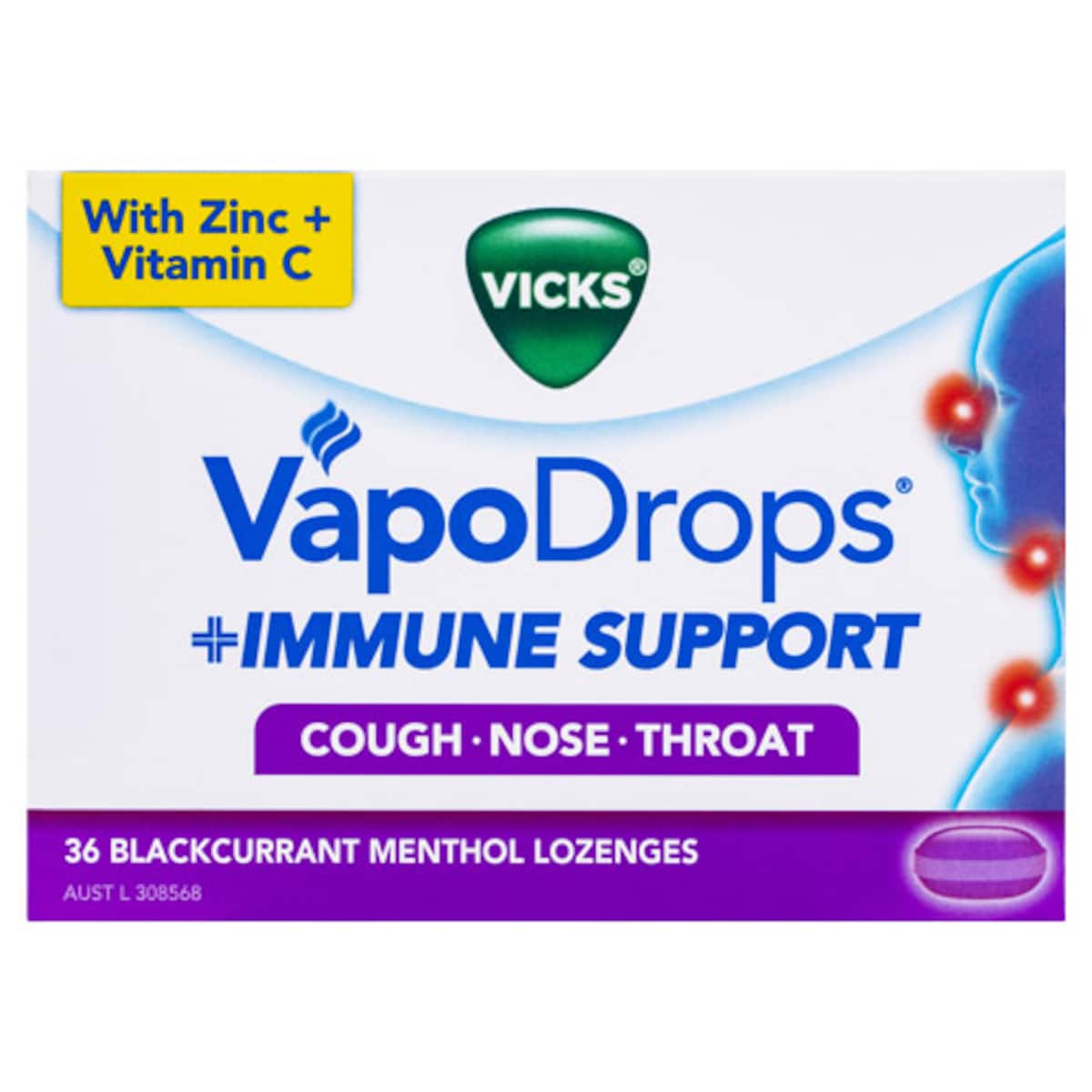 Vicks VapoDrops + Immune Support Blackcurrant Menthol Lozenges 36 Pack
