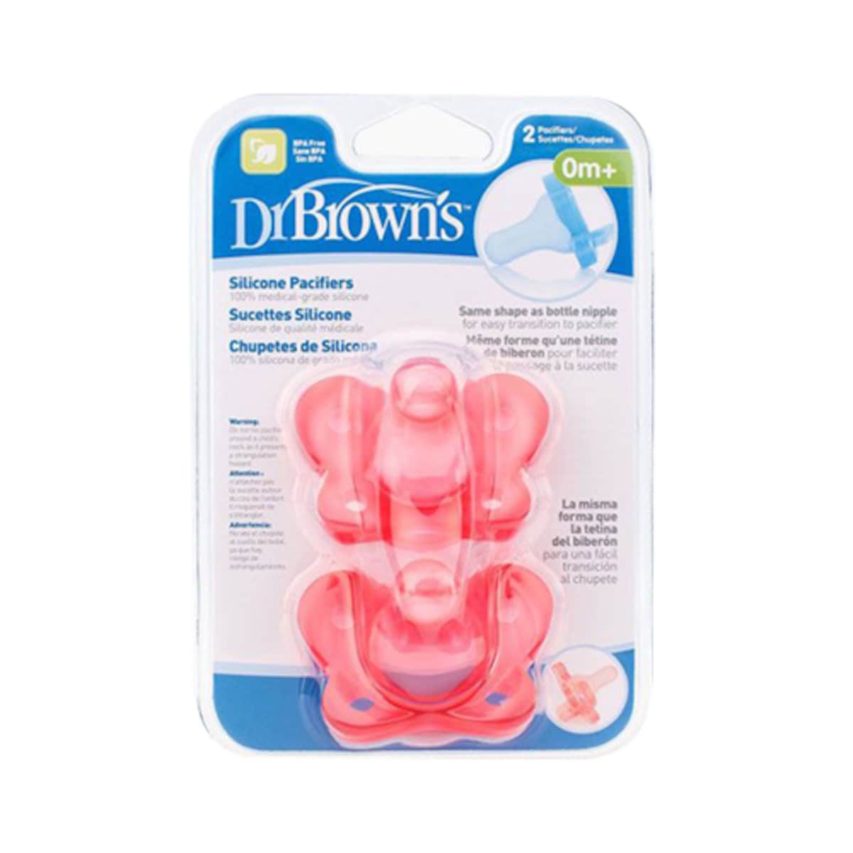 Dr Brown's One Piece Silicone Baby Pacifier 0-6 Months BPA Free Pink 2 Pack