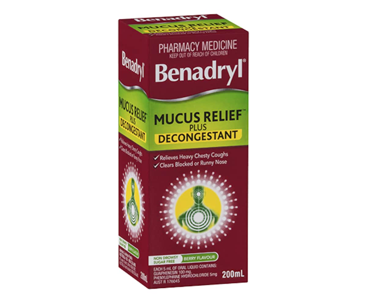 Benadryl Cough Liquid Mucus Relief plus Decongestant 200ml