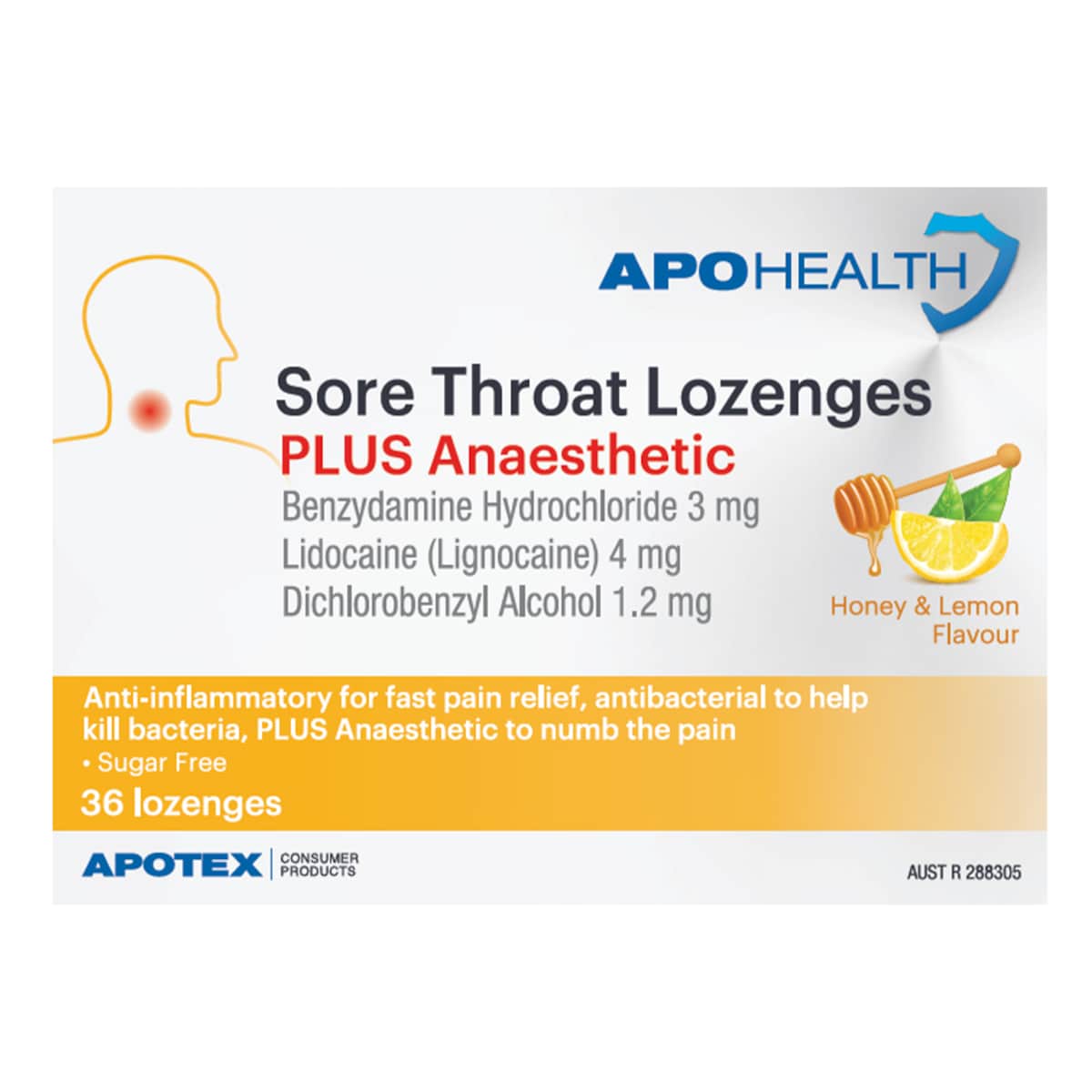 APOHEALTH Sore Throat Lozenges Plus Anaesthetic Honey & Lemon 36 Pack