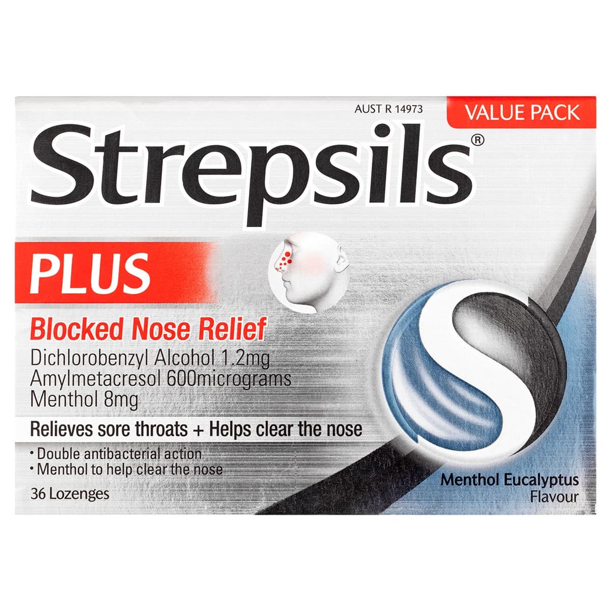 Strepsils Plus Blocked Nose Relief Menthol Eucalyptus Lozenges 36 Pack
