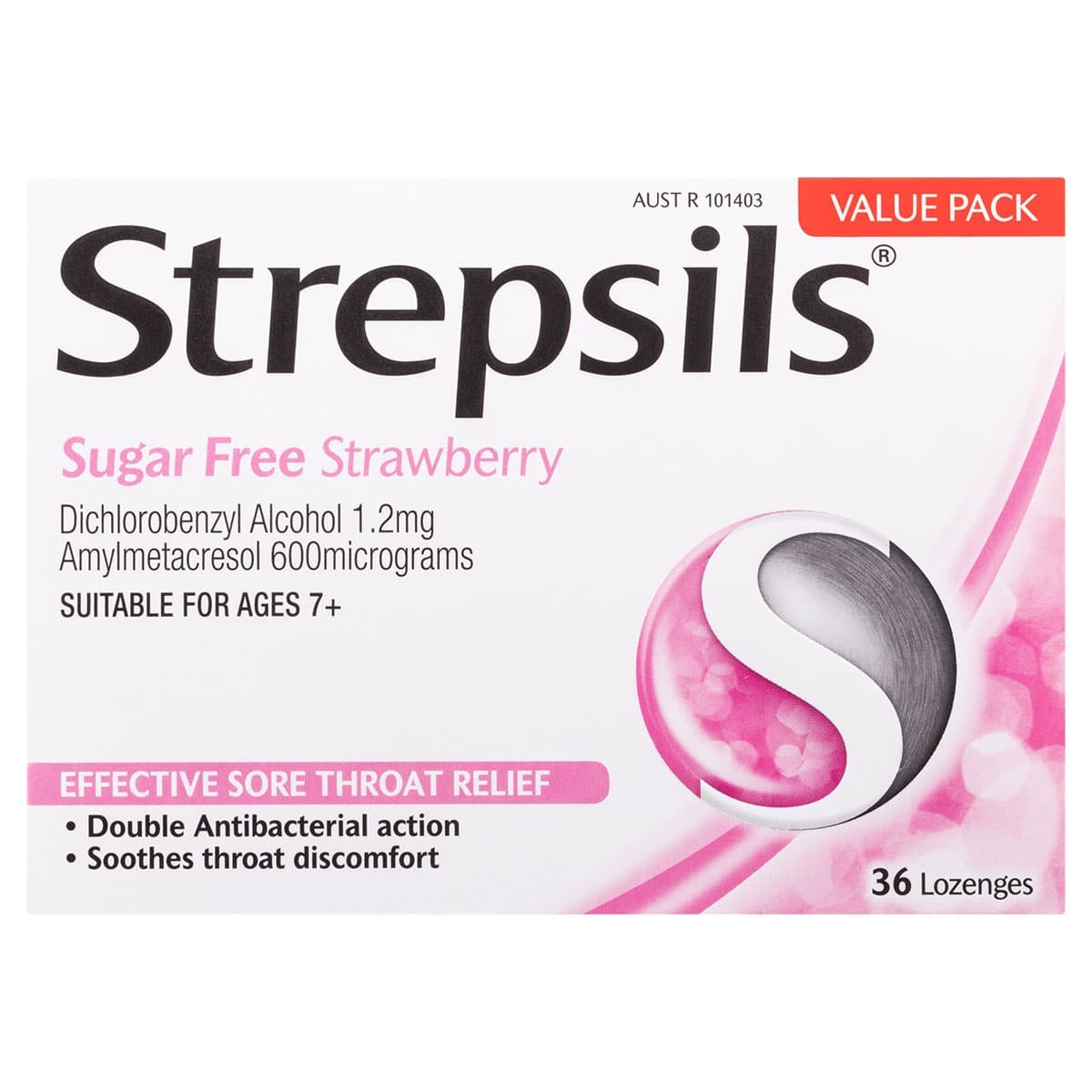 Strepsils Sore Throat Sugar Free Strawberry Lozenges 36 Pack