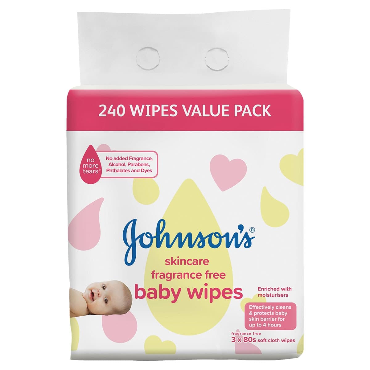 Johnsons Skincare Fragrance Free Baby Wipes 3 x 80 Soft Cloth Wipes