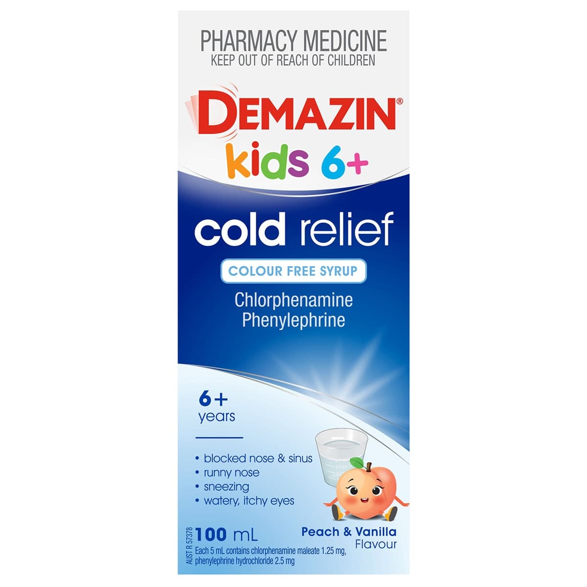 Demazin Kids 6+ Years Cold Relief Colour Free Syrup Peach & Vanilla 100ml