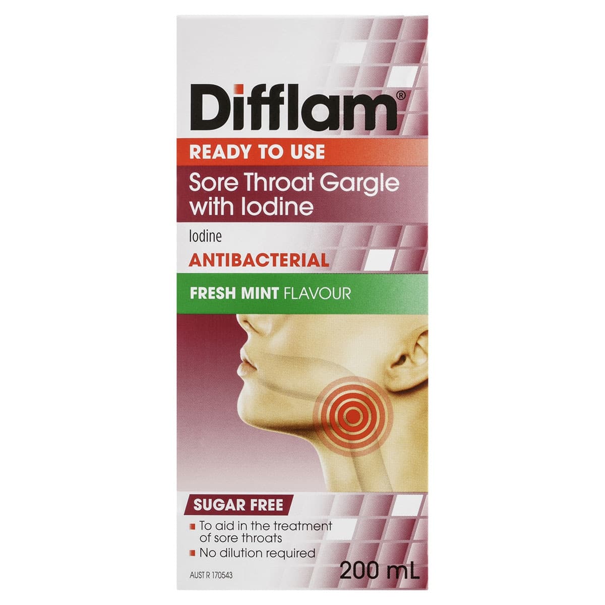 Difflam Ready to Use Sore Throat Gargle with Iodine Fresh Mint 200ml