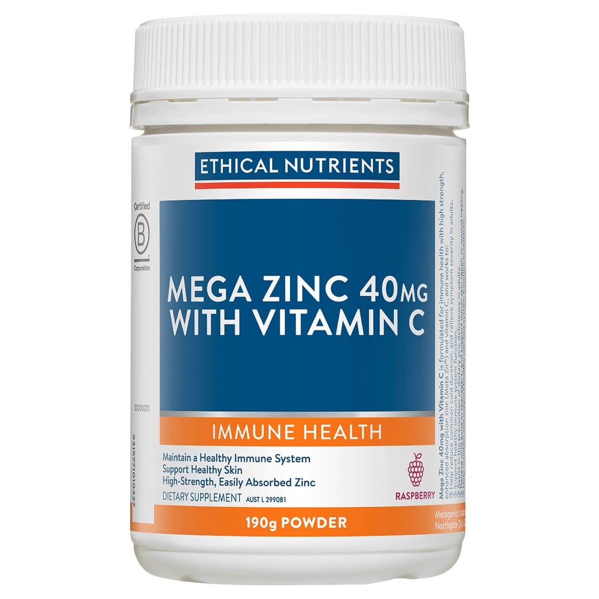 Ethical Nutrients Mega Zinc 40mg & Vitamin C Powder Raspberry 190g