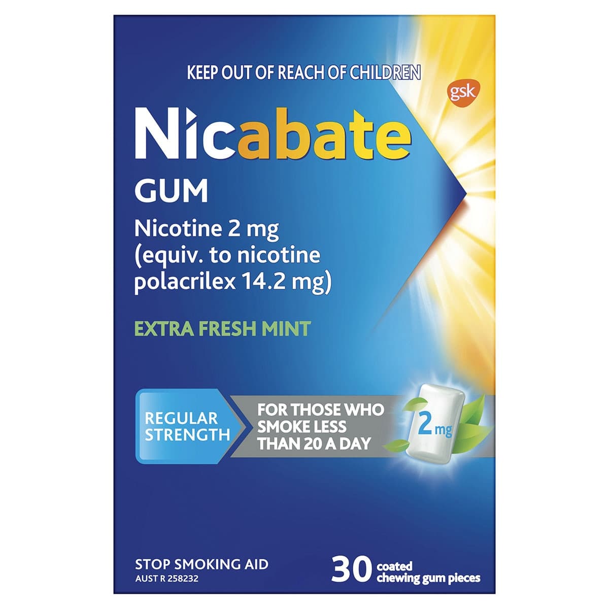 Nicabate Quit Smoking Nicotine Gum Fresh Mint 2mg - 30 Pack