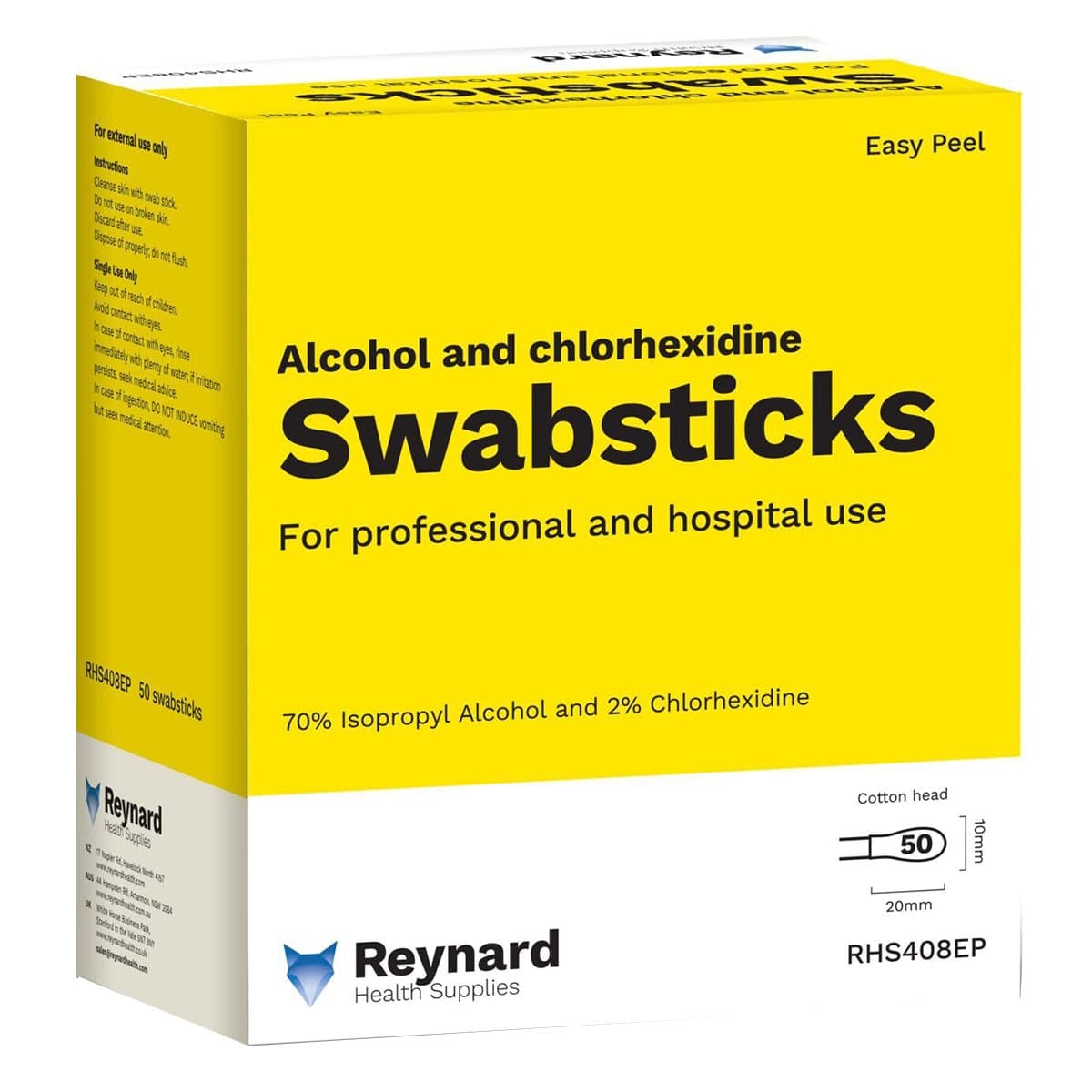 Reynard 2% Chlorhexidine & 70% Alcohol Swab Sticks 50 Pack