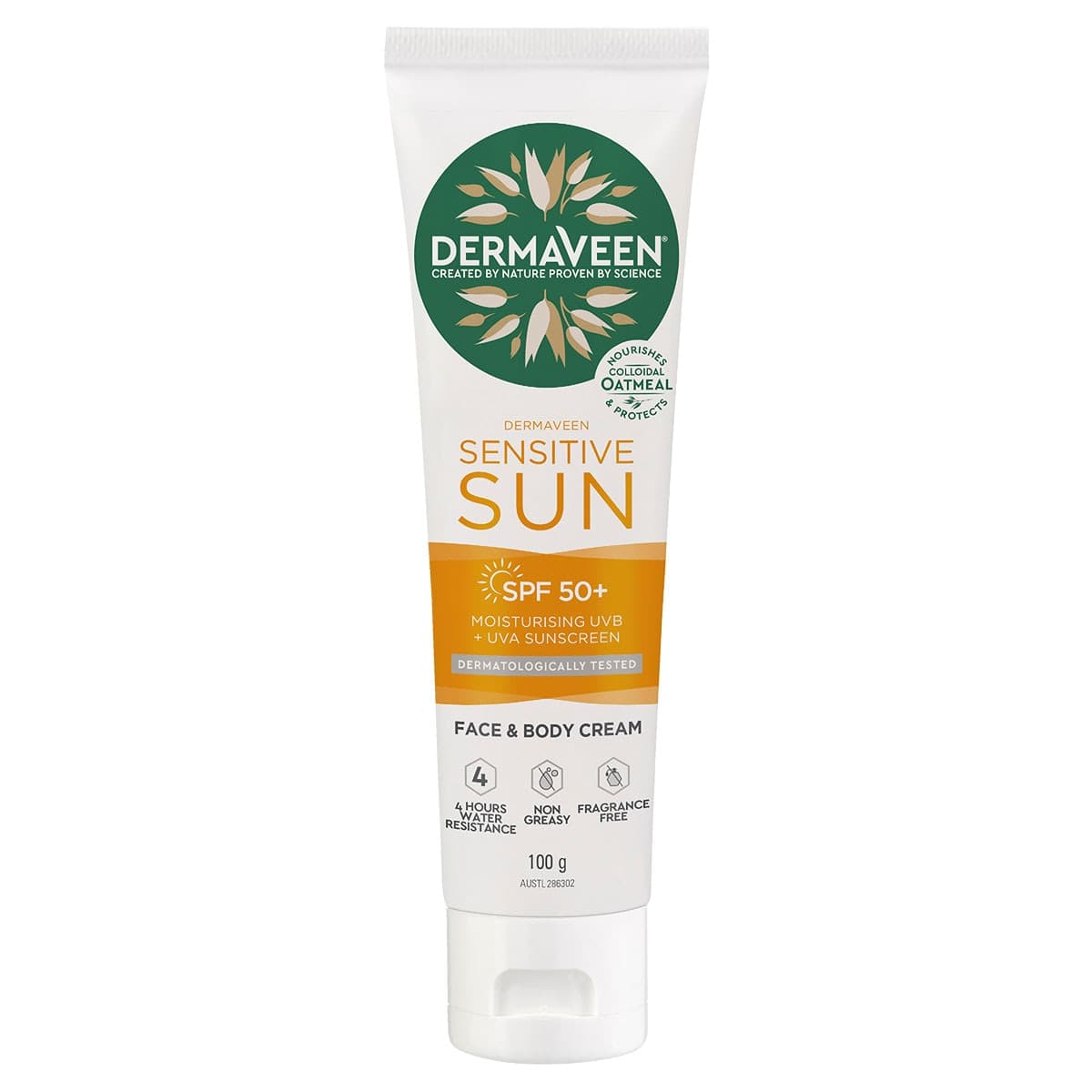 DermaVeen Sensitive Sun SPF 50+ Moisturising UVB + UVA Sunscreen 100g