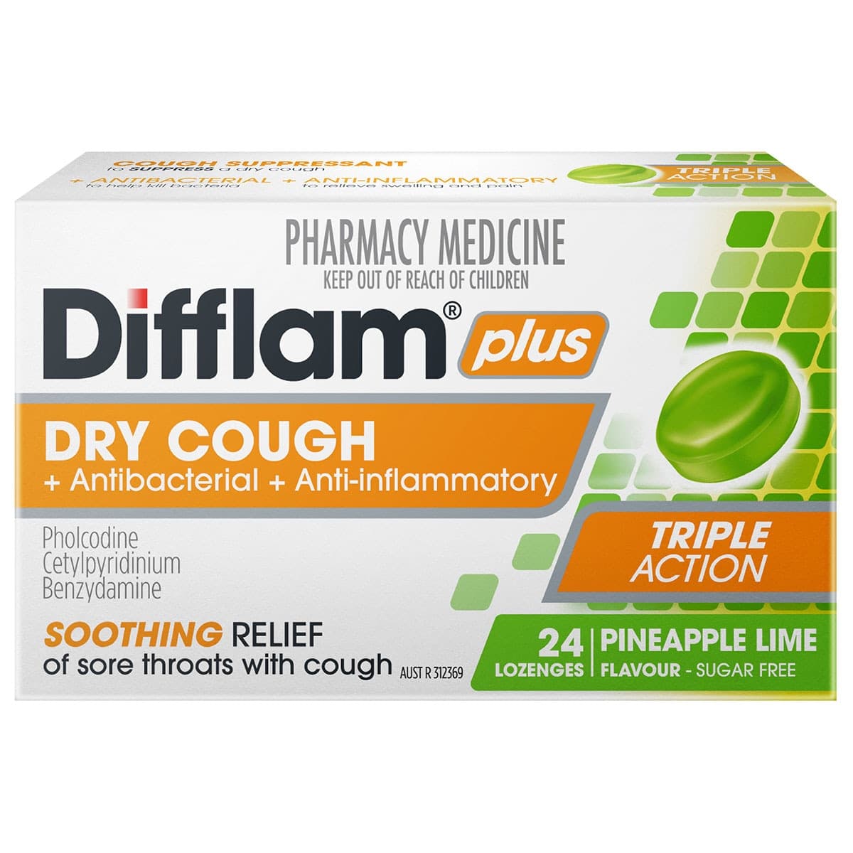 Difflam Plus Sore Throat + Dry Cough Relief Lozenges Pineapple & Lime 24 Pack