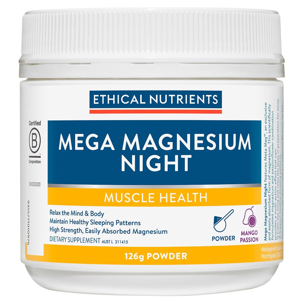 Ethical Nutrients Mega Magnesium Night Powder Mango Passion 126g