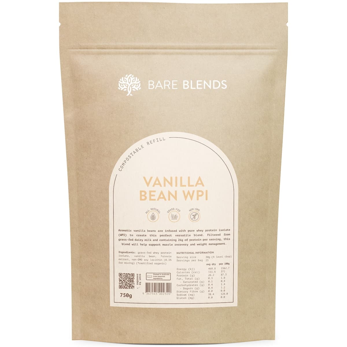 Bare Blends WPI Protein Powder Vanilla Bean 750g