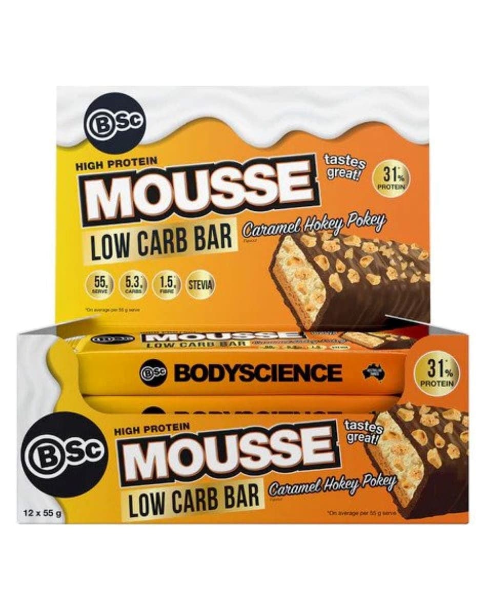 BSc Body Science High Protein Low Carb Mousse Bar Caramel Hokey Pokey 12 x 55g