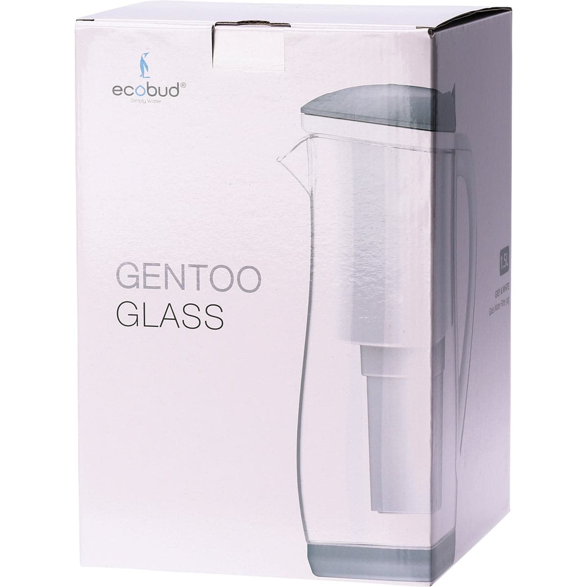 Ecobud Gentoo Glass Alkaline Water Filter Jug Grey & White 1.5L + 1 Cartridge