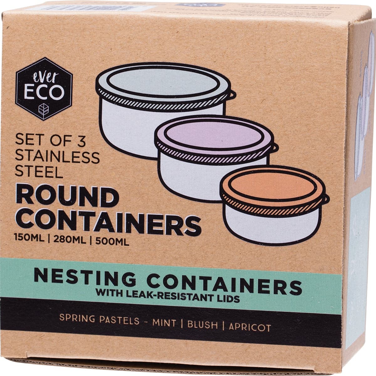 Ever Eco Stainless Steel Round Food Containers + Lids Pastels 3 Pack