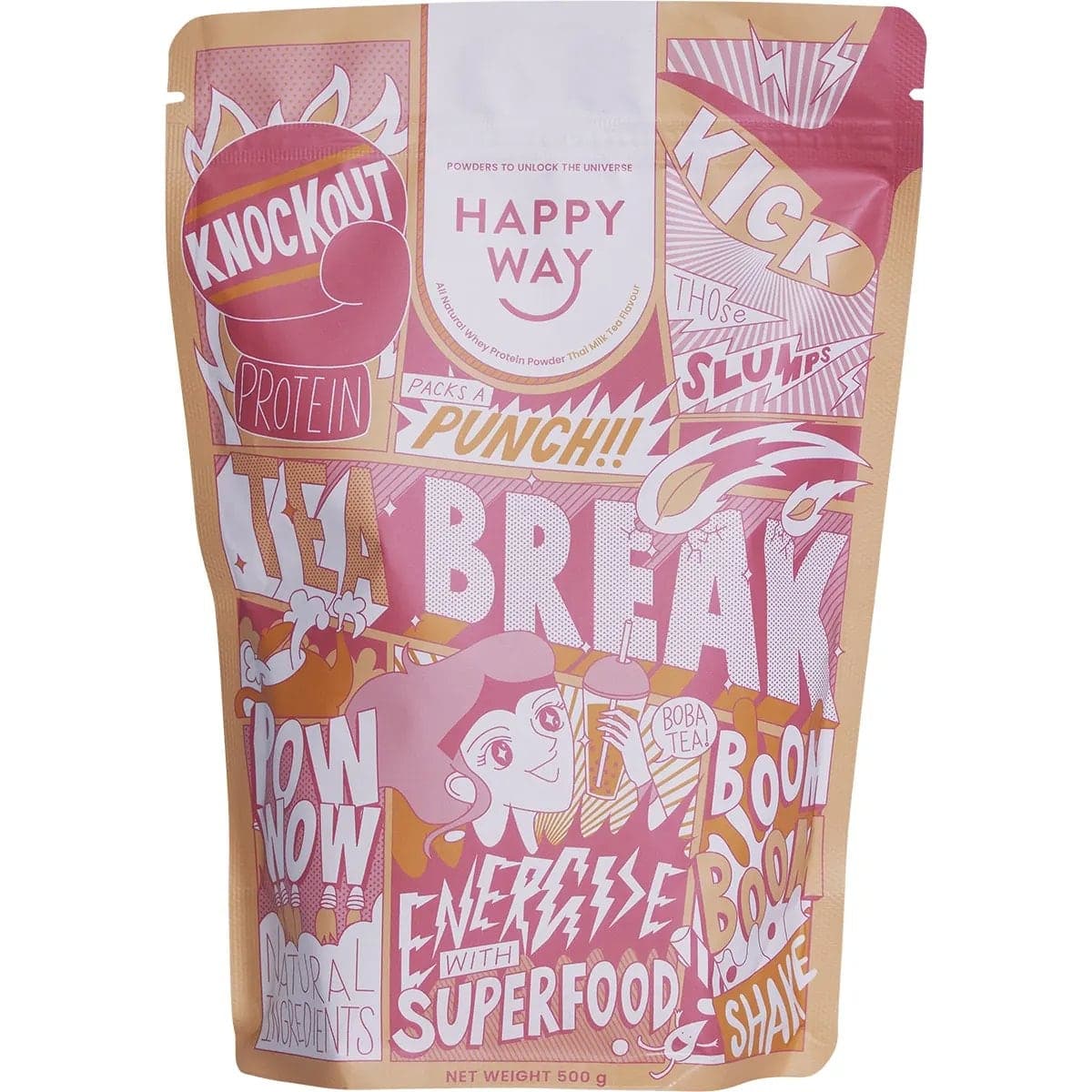 Happy Way Whey Protein Powder Thai Milk Boba Tea 500g